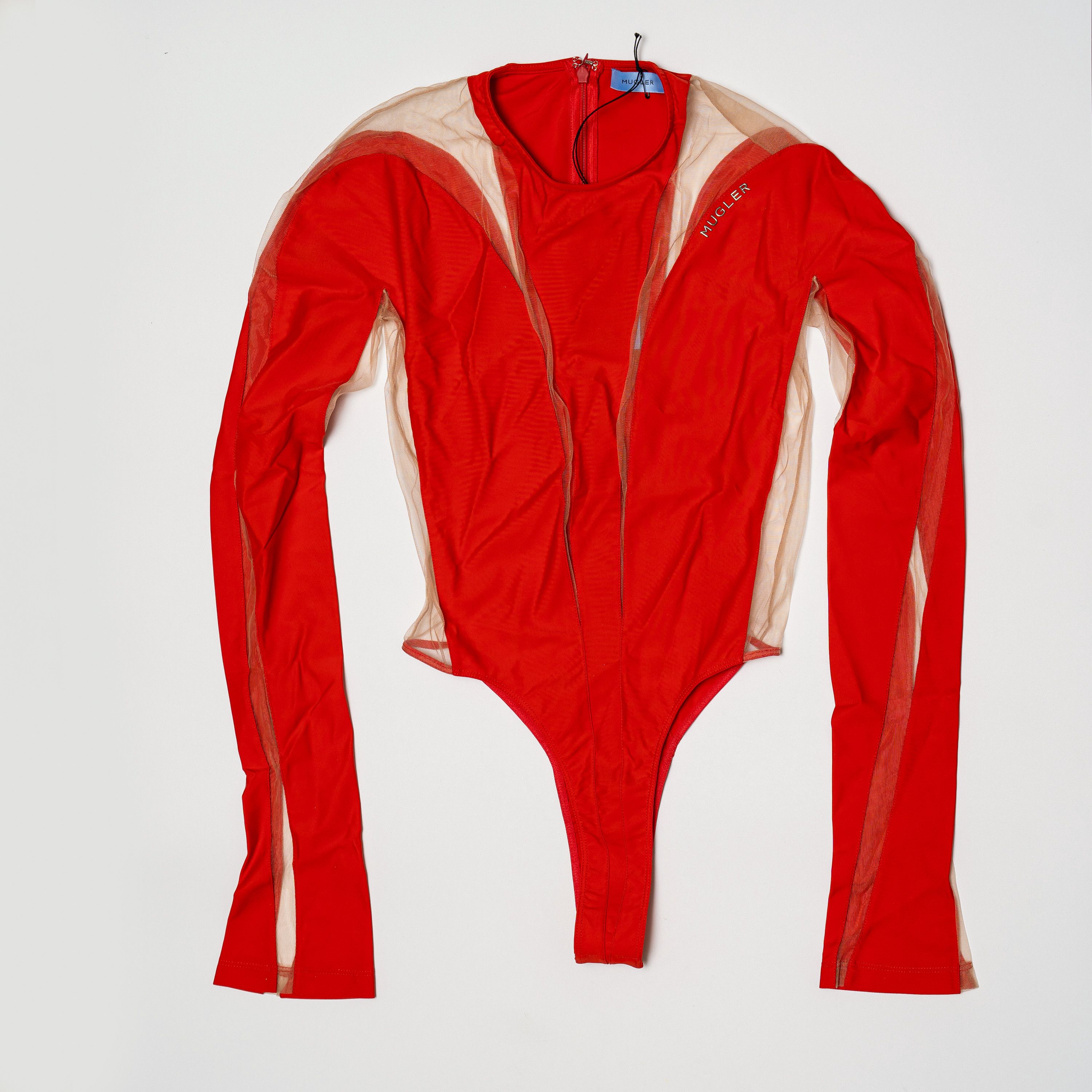Mugler 40 L Mugler Long-Sleeve Sheer Panel Bodysuit Red Nude 01 Size L / US 10 / IT 46 - 3 Thumbnail