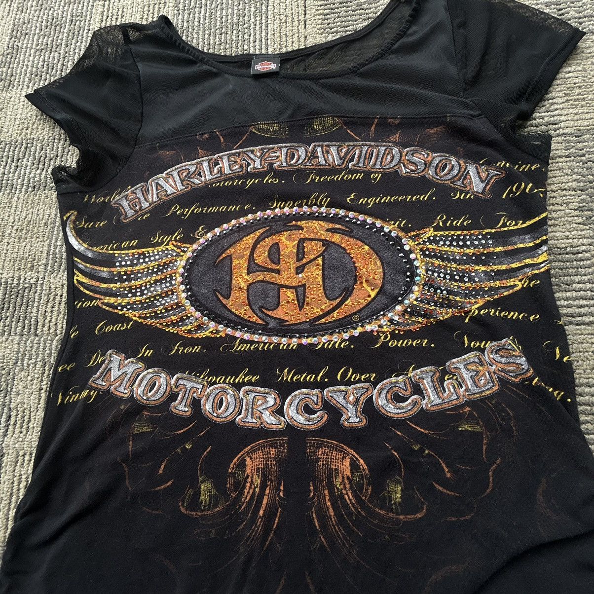 Harley Davidson Vtg Harley Davidson Shirt Black Sheer Micro Mesh Embellished Size L / US 10 / IT 46 - 2 Thumbnail