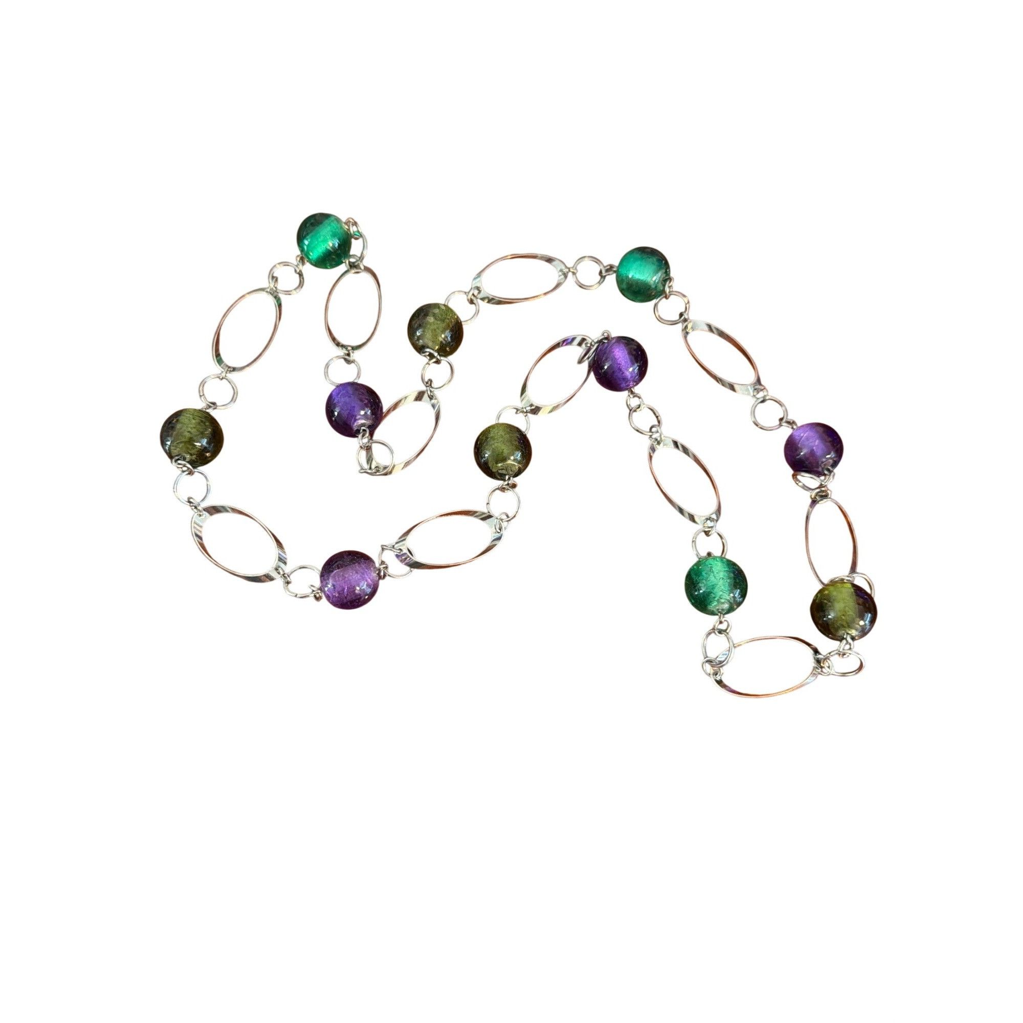 Other Vintage Silver Tone Long Chain Necklace Green Purple Acrylic Size ONE SIZE - 1 Thumbnail