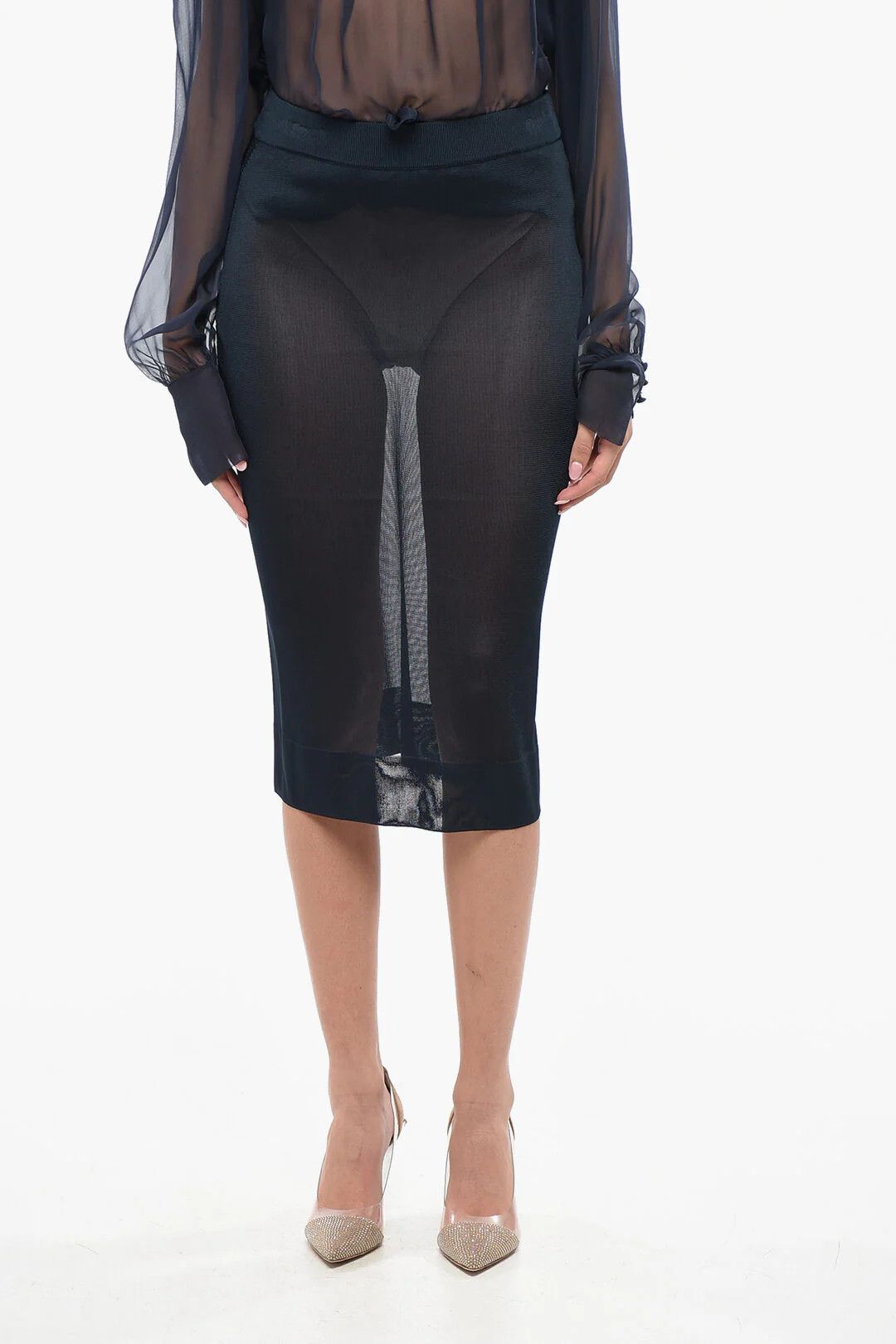Saint Laurent Paris og1mm0326 Sheer Solid-Color Midi Skirt in Blue Size 30" / US 8 / IT 44 - 1 Thumbnail
