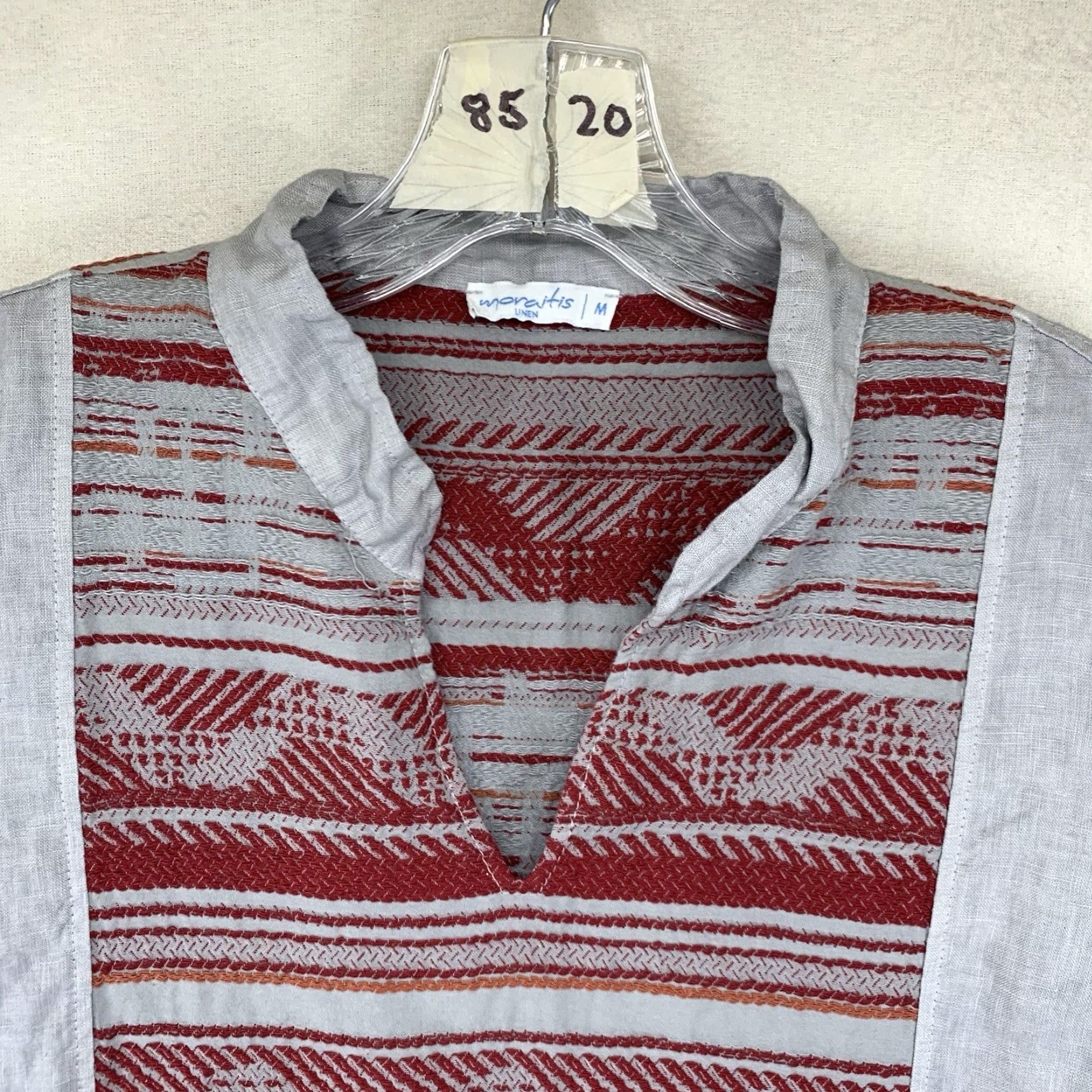 Vintage VINTAGE Moraitis Linen Women's Dress Shirt Dress Casual Bohemian Geometric Embroidered Knee Length Spring Summer Medium Gray Women Size M / US 6-8 / IT 42-44 - 3 Thumbnail