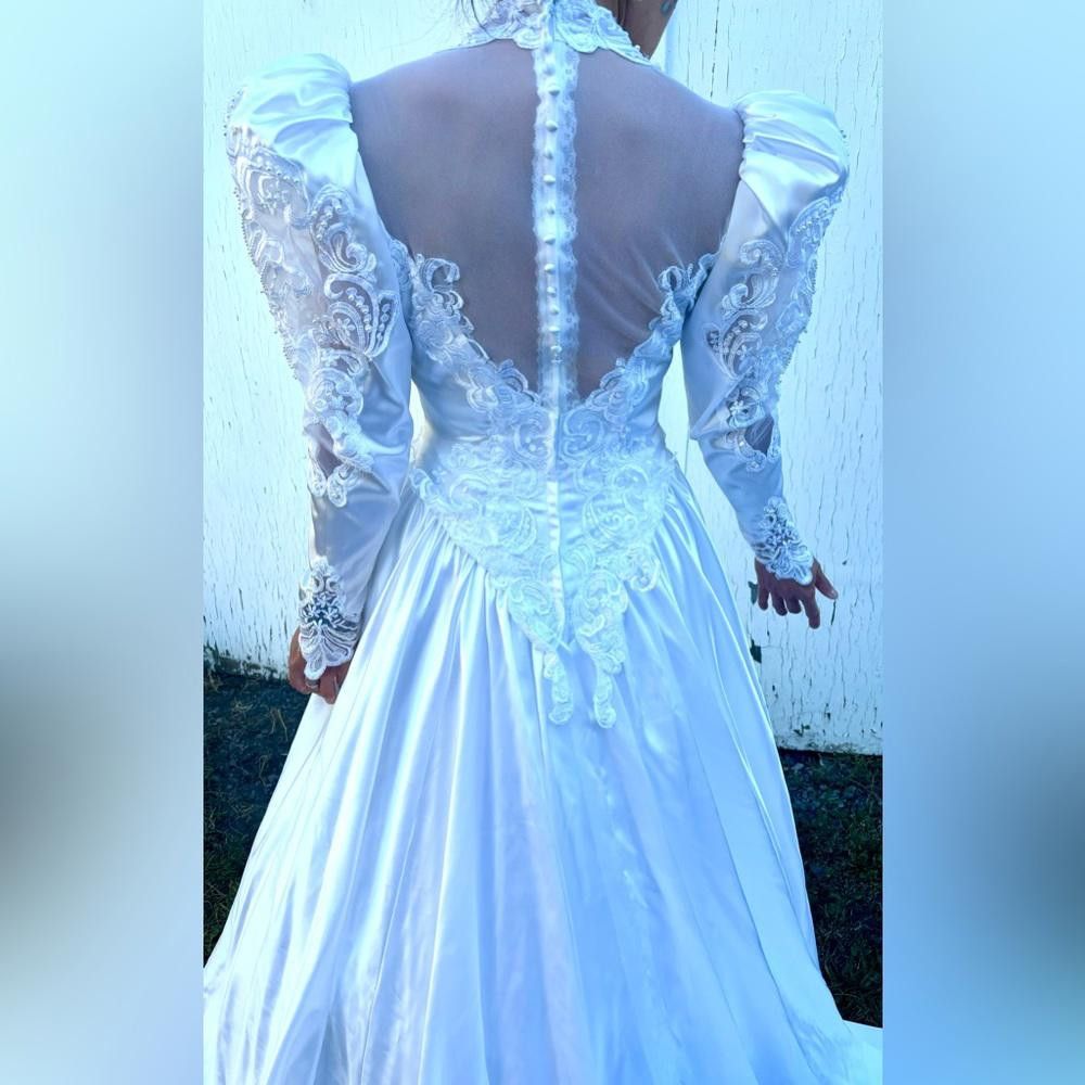Designer Vintage 80s/90s Bridal Originals Wedding Satin Dress Size XS / US 0-2 / IT 36-38 - 3 Thumbnail