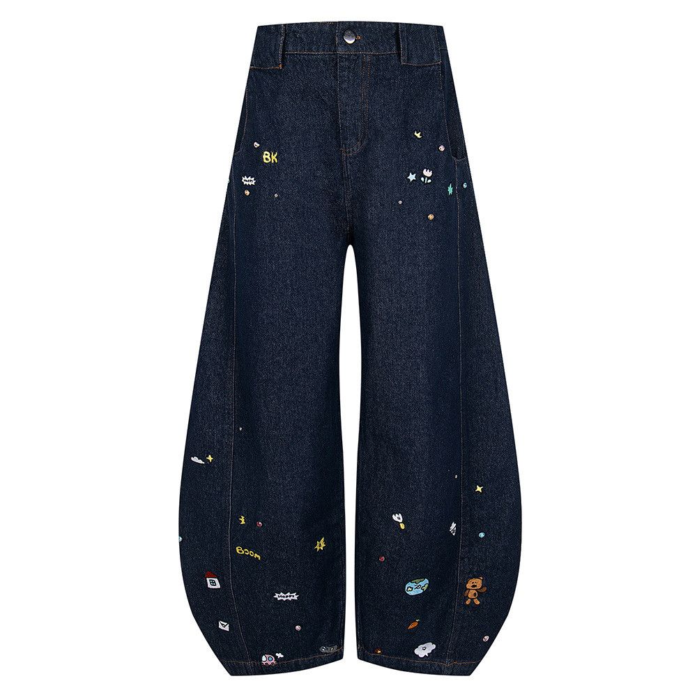 American retro heavy embroidered curved blade jeans