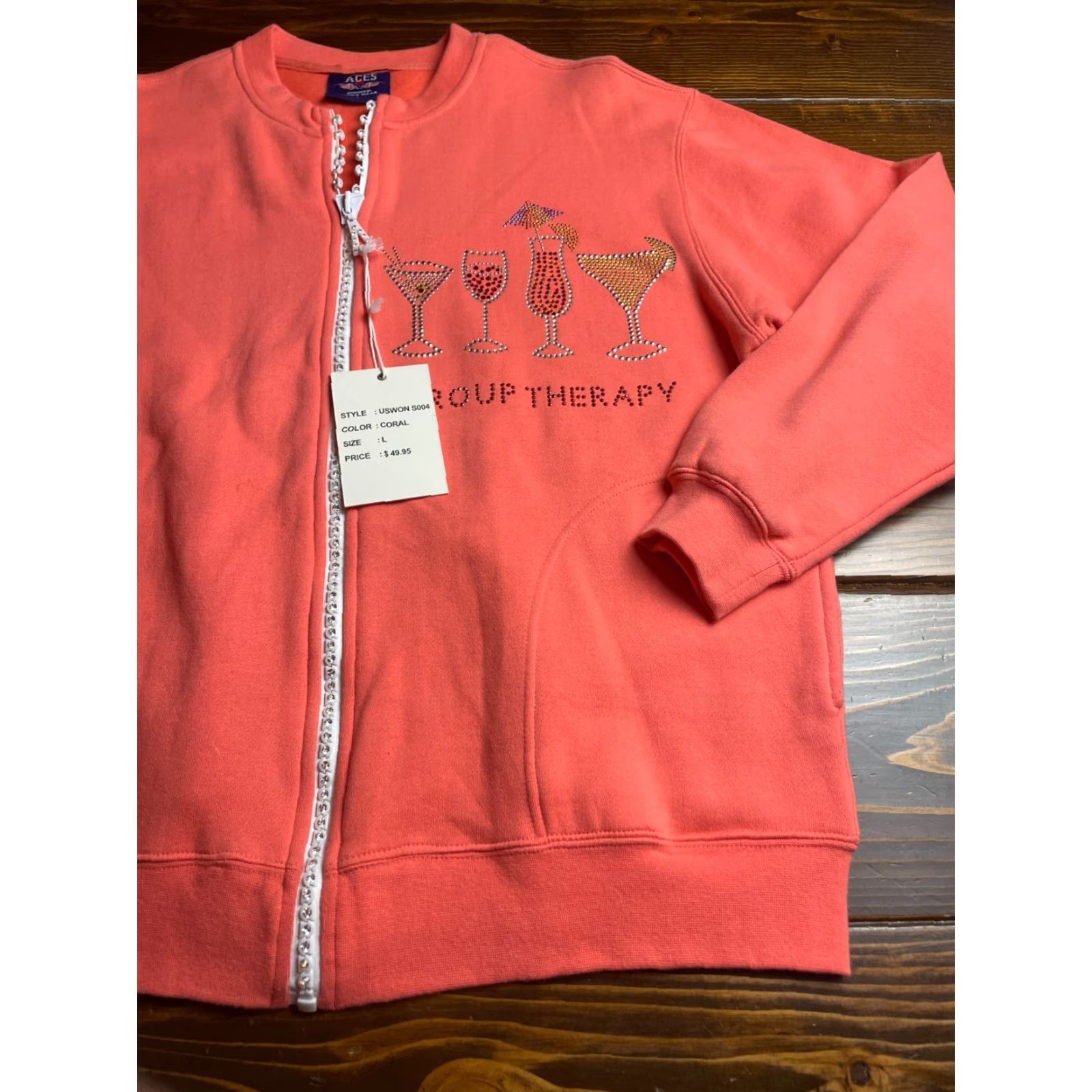 Vintage ACES Sweater Womens Large Coral Jeweled Group Therapy Drinks Full Zip Shirt Size L / US 10 / IT 46 - 2 Thumbnail