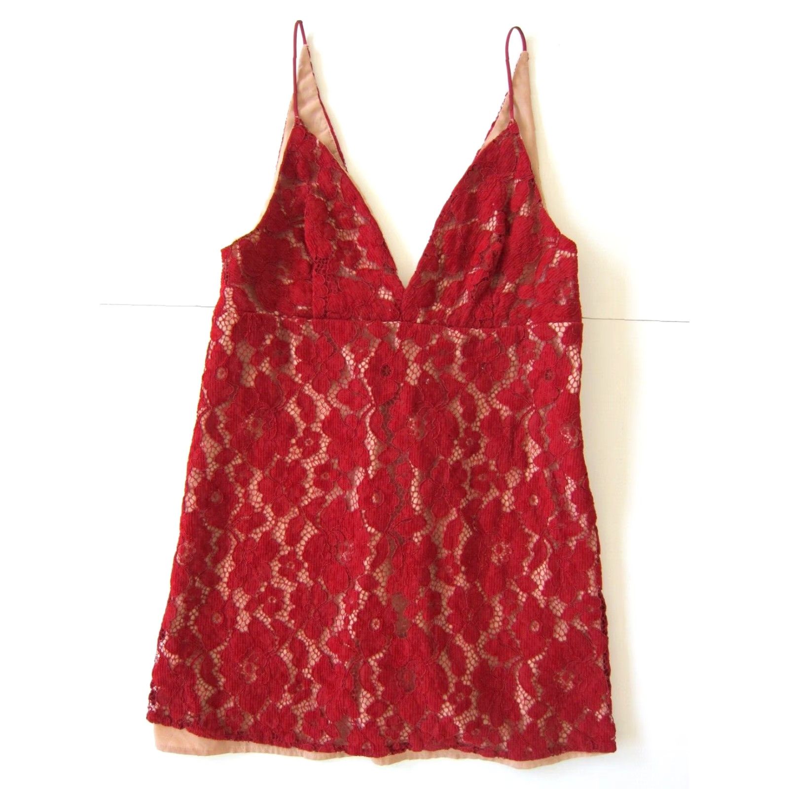Free People VINTAGE Free People Dress Empire Slip Red Velvet Floral Spaghetti Strap V-Neck 10 Womens Size L / US 10 / IT 46 - 2 Thumbnail