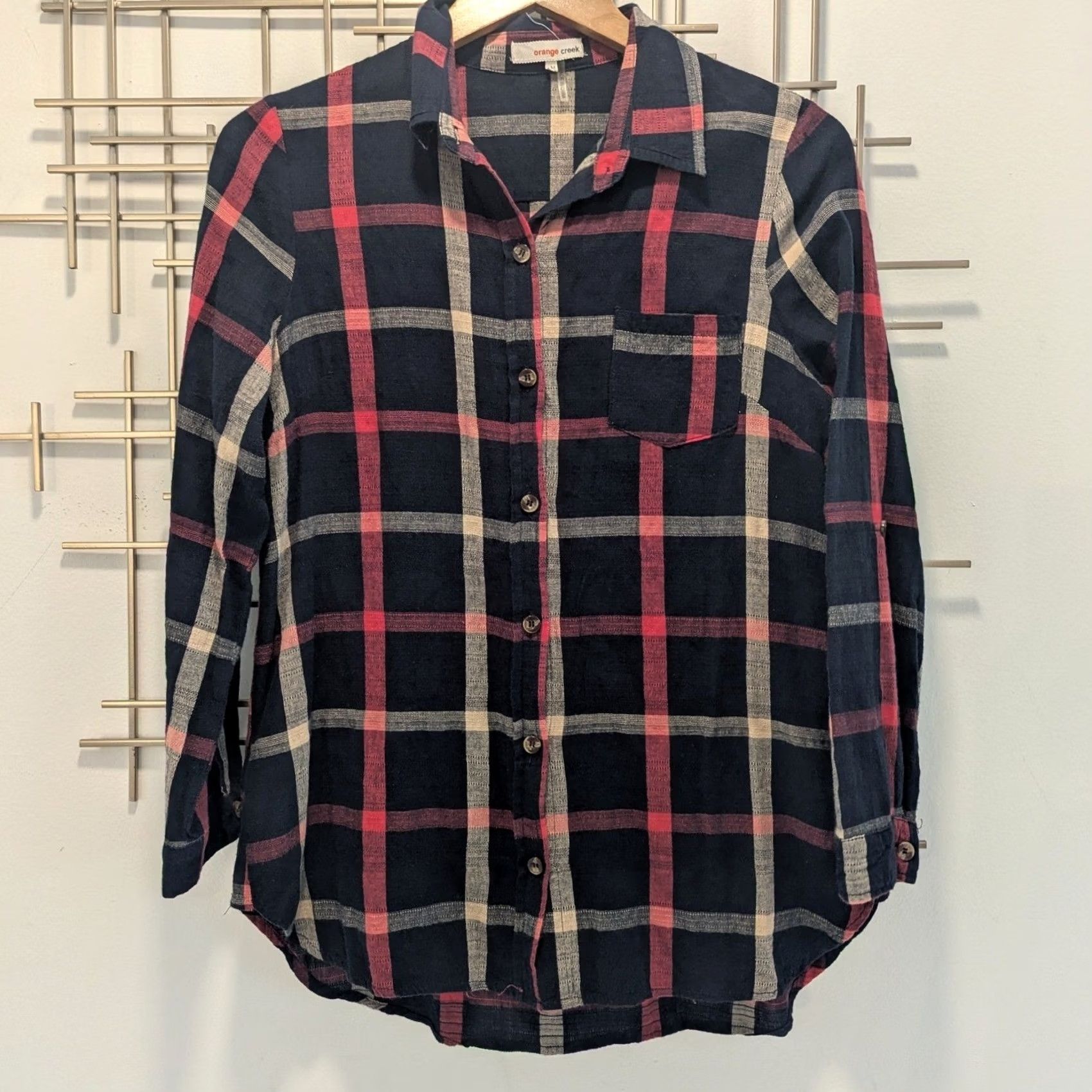 Vintage Orange Creek Plaid Button Down Shirt Navy Red Tan Long Sleeve Cotton Women Sz M Size M / US 6-8 / IT 42-44 - 2 Thumbnail