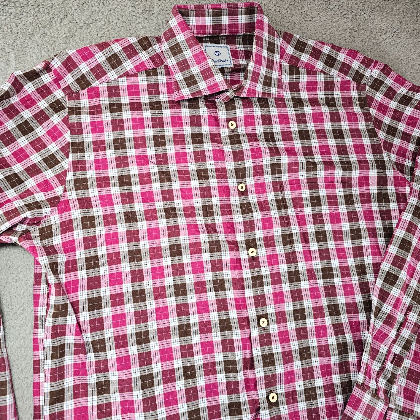 David Donahue David Donahue Dress Shirt Mens Large Pink Brown Check Twill Cotton Long Sleeve Size 42R - 3 Thumbnail