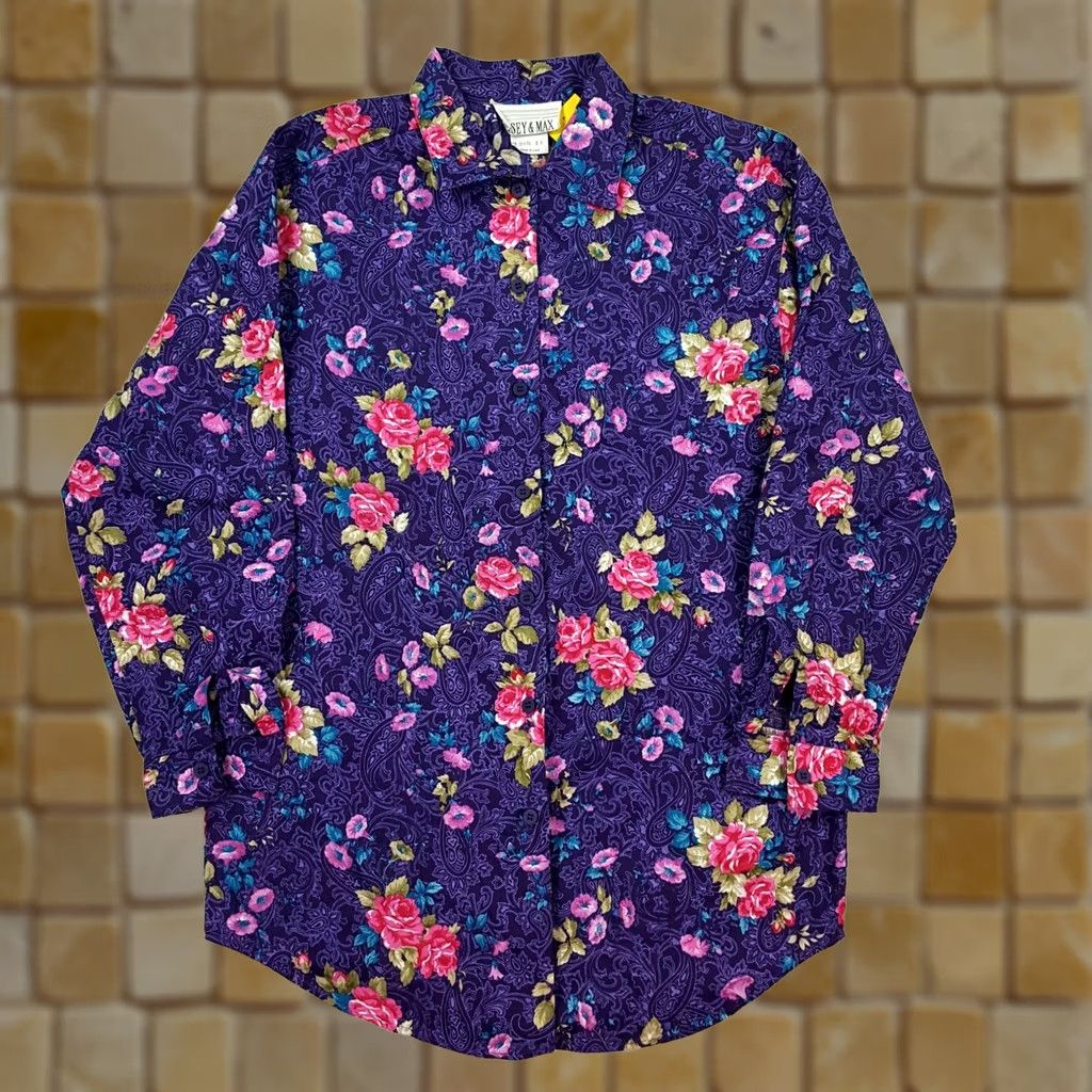 Vintage VINTAGE Casey & Max Purple Flower Collared Tennis Button Up Dress Shirt Womens Size S Floral Shirt Size S / US 4 / IT 40 - 1 Thumbnail