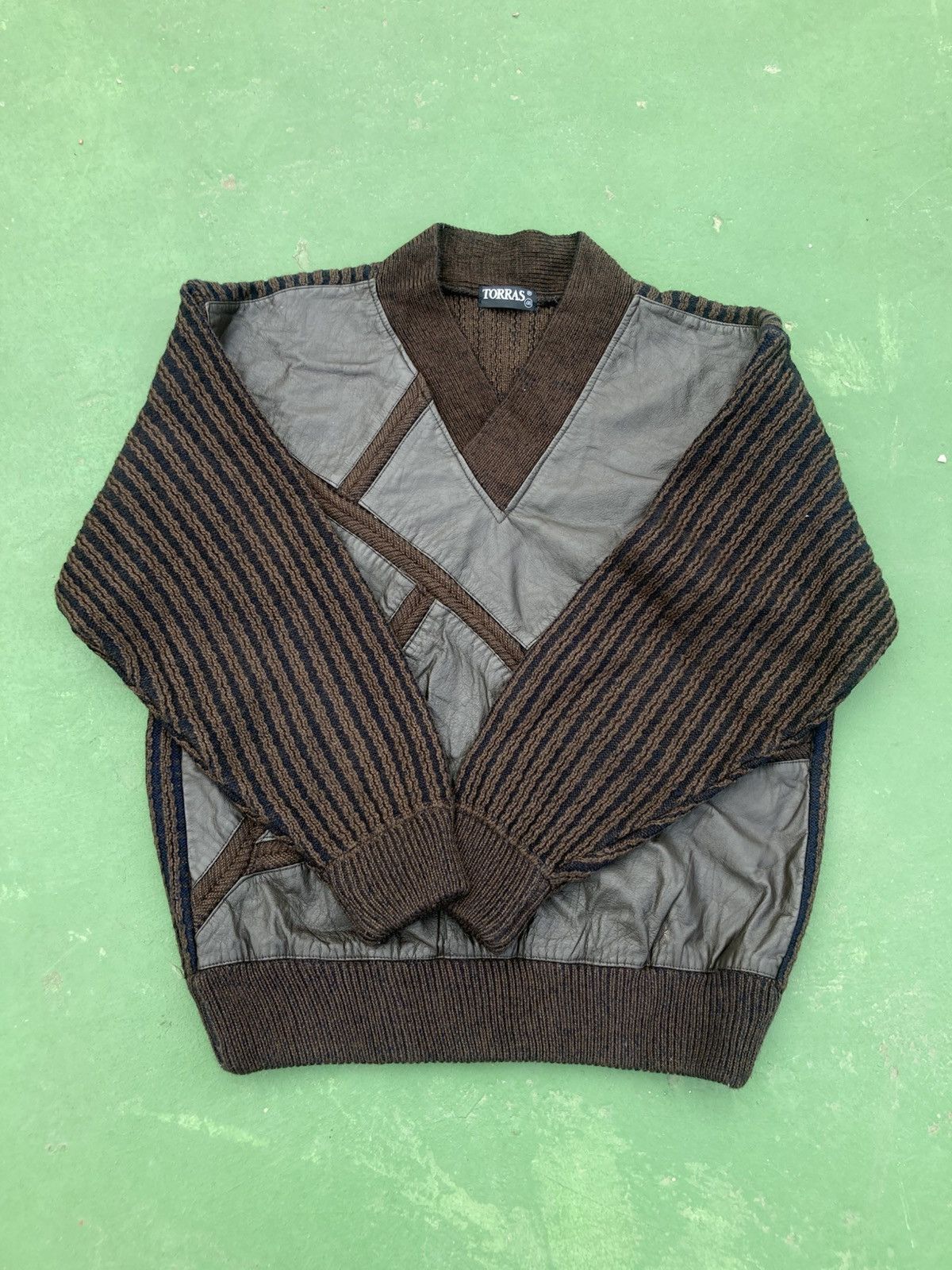 Torras Vintage Torras Spain V-Neck Knitwear Patchwork Leather Size US L / EU 52-54 / 3 - 9 Thumbnail