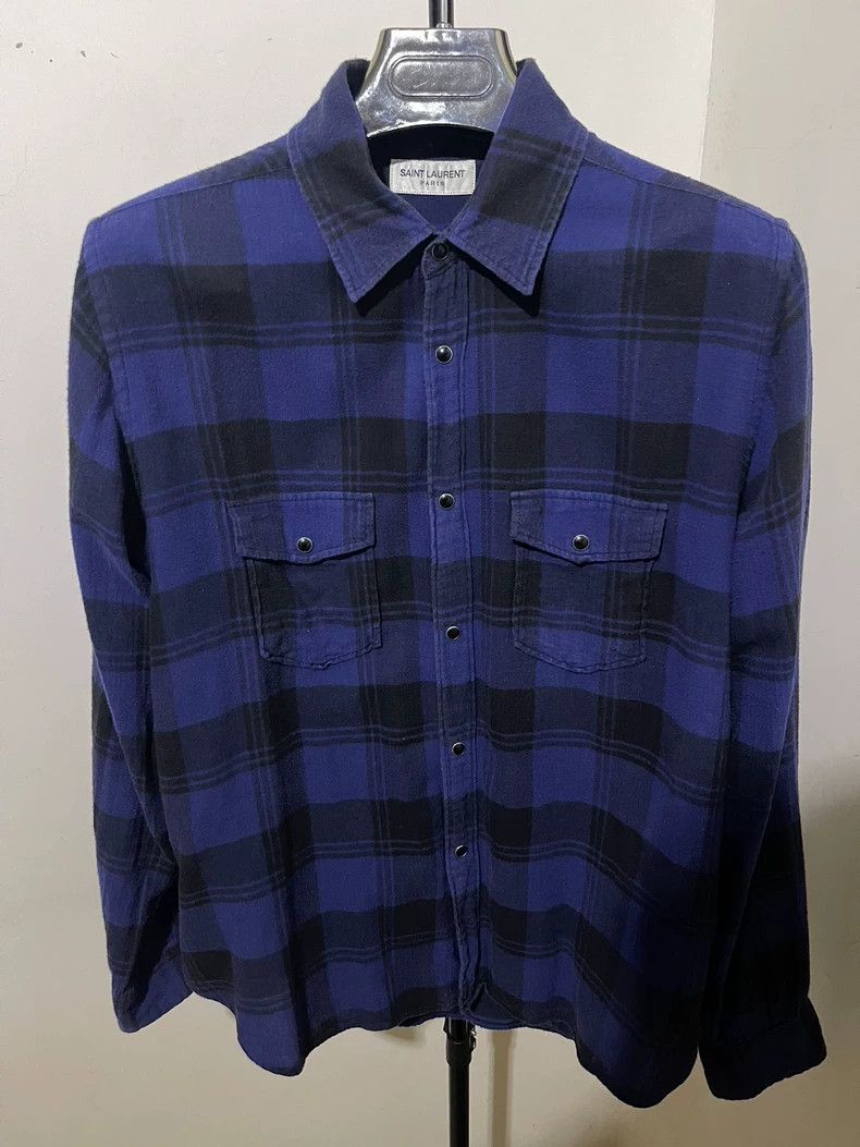 Saint Laurent Paris Saint Laurent Paris17fwKlein Blue Cat Eye Button Plaid Shi Size US S / EU 44-46 / 1 - 1 Thumbnail