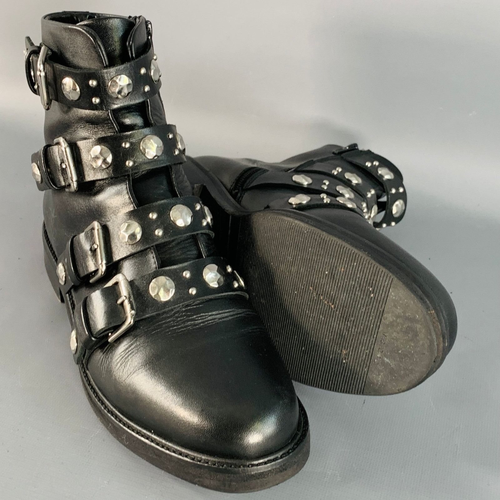 Maje Black Leather Studded Belted Side Zipper Military Ankle Size US 9 / IT 39 - 4 Thumbnail