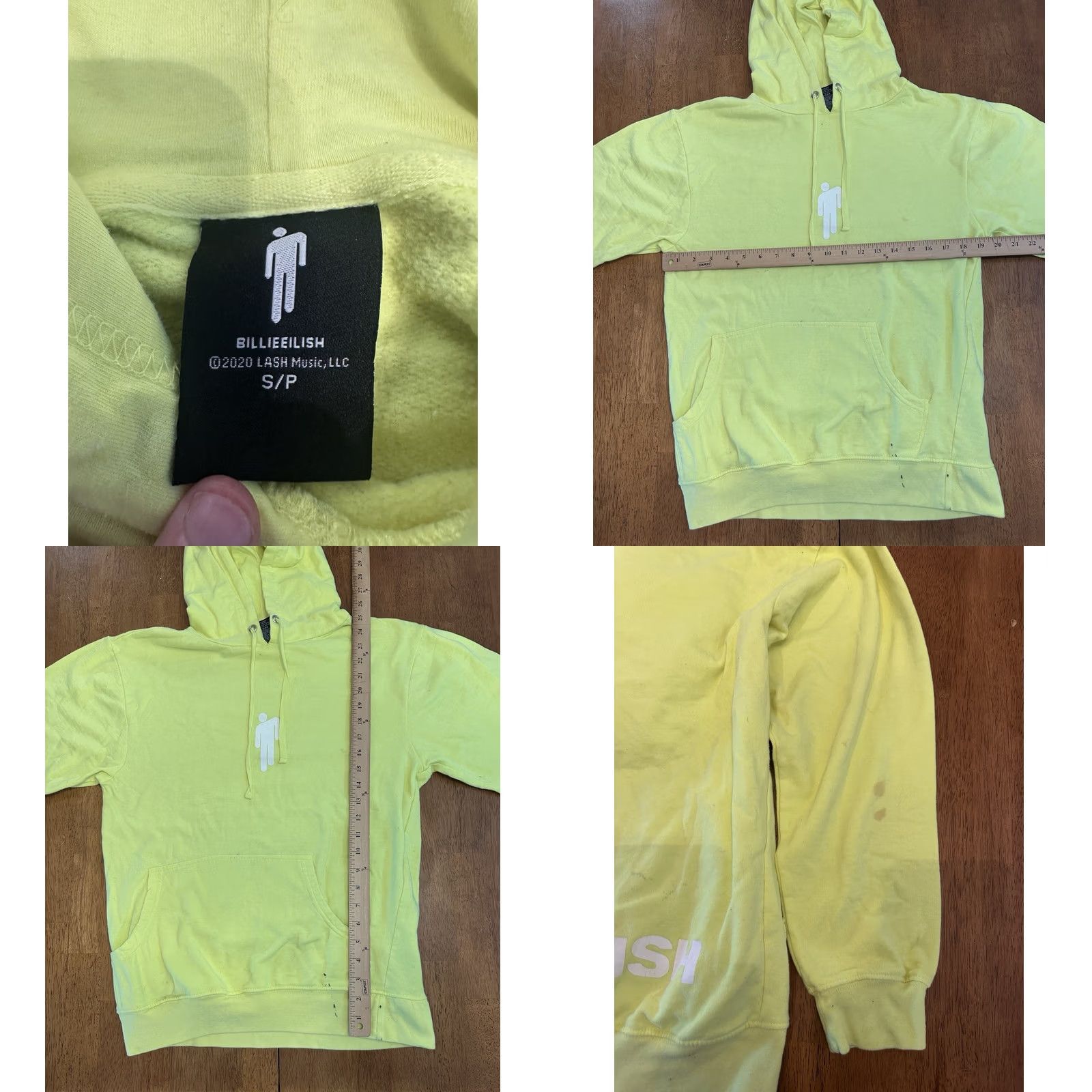 Vintage Billie Eilish Hoodie Sweatshirt Small 2020 Yellow Neon Stains Distress Womens Regular Hoodie Pullover Graphic Print Logo Pockets All Seasons VINTAGE? Size S / US 4 / IT 40 - 8 Thumbnail