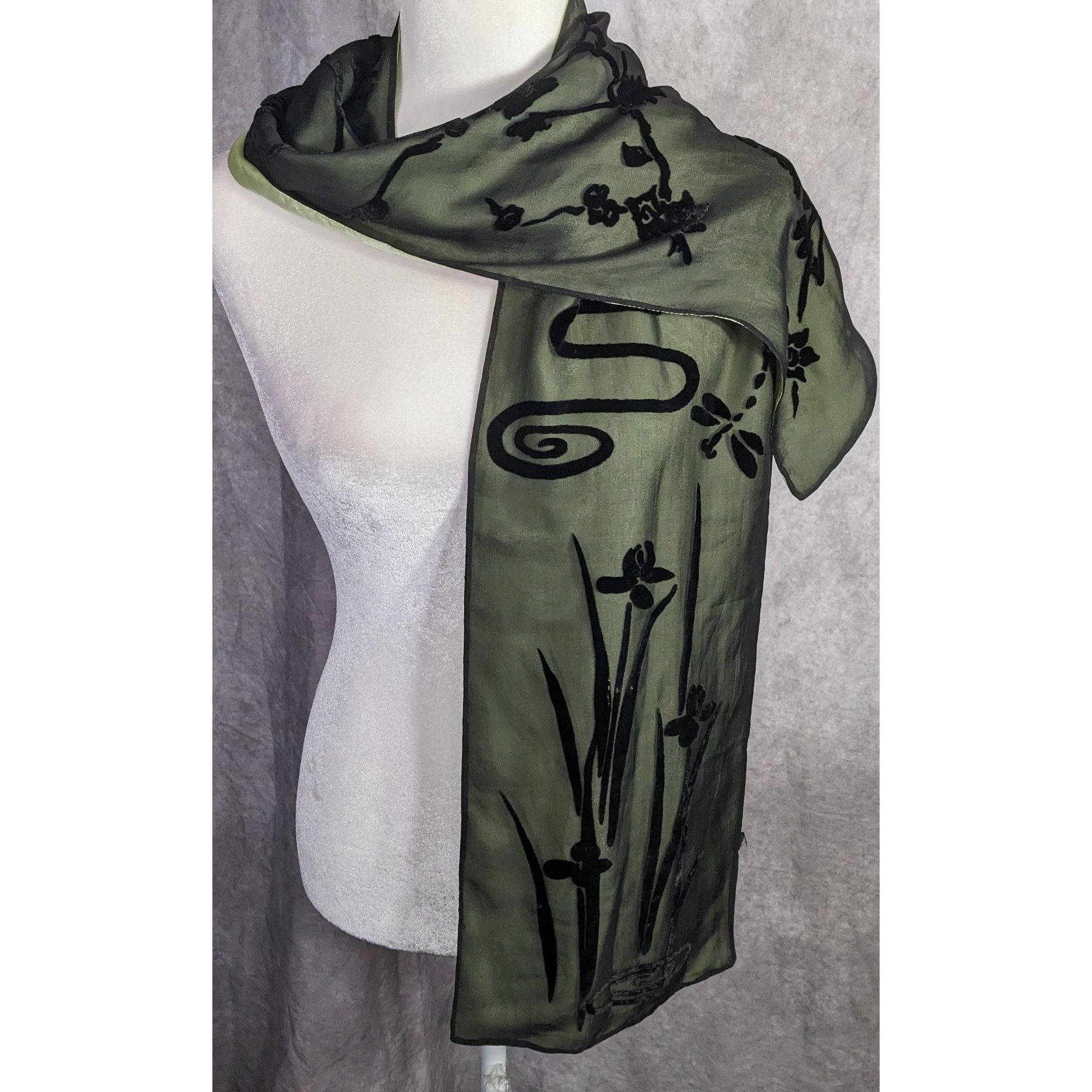 Other Vintage 90s Gothic Burnt Velvet Floral Scarf Green & Black D Size ONE SIZE - 8 Thumbnail