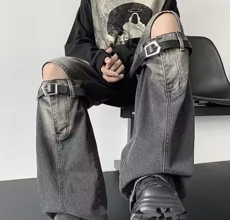 Jean Washed Black Baggy Wide Leg Knee Strap Jeans Size US 31 - 2 Thumbnail