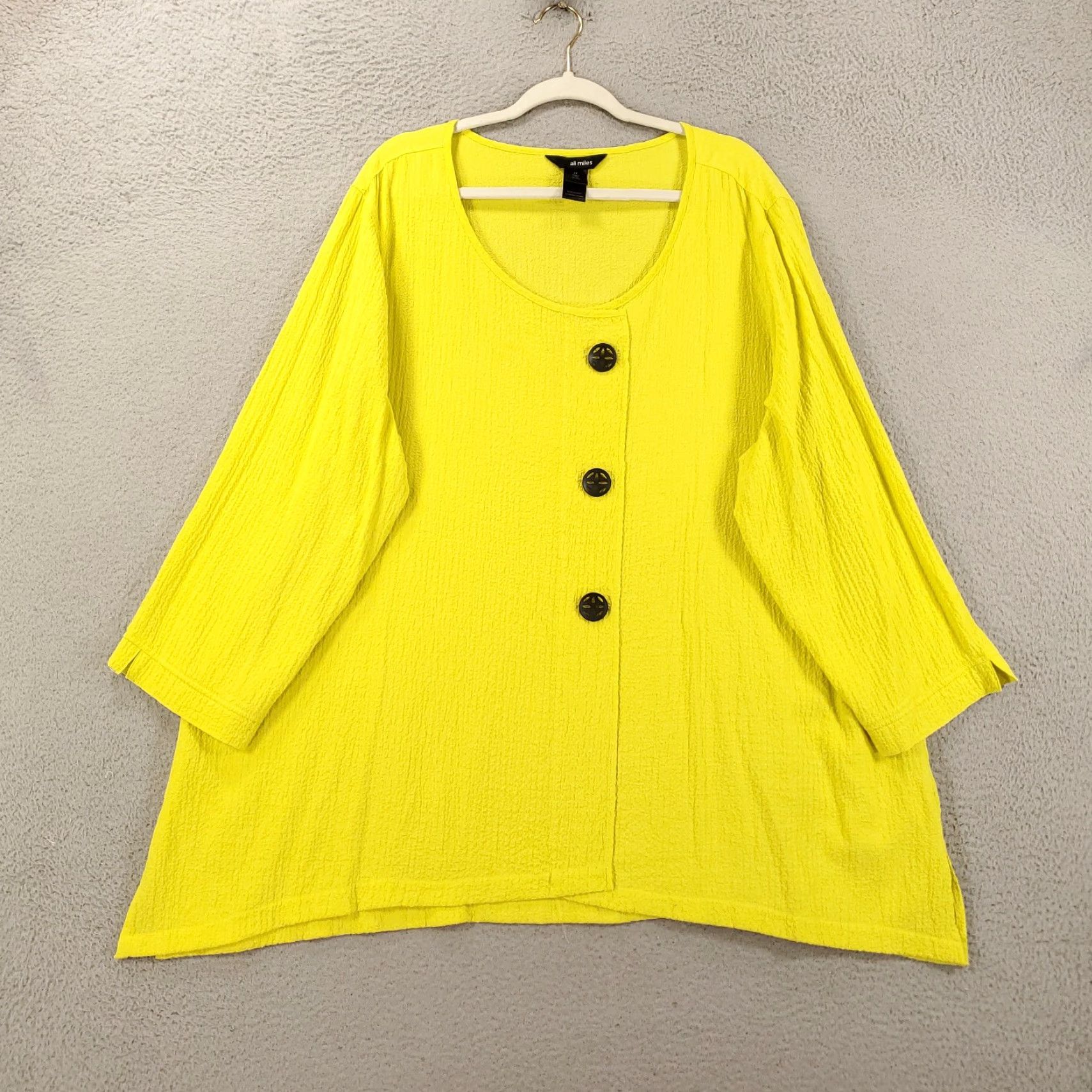 Vintage Ali Miles Top 2X Womens Blouse Tunic Long Sleeve Button Accents Yellow Crinkle Texture Pattern Solid Size XXL / US 16-18 / IT 52-54 - 2 Thumbnail