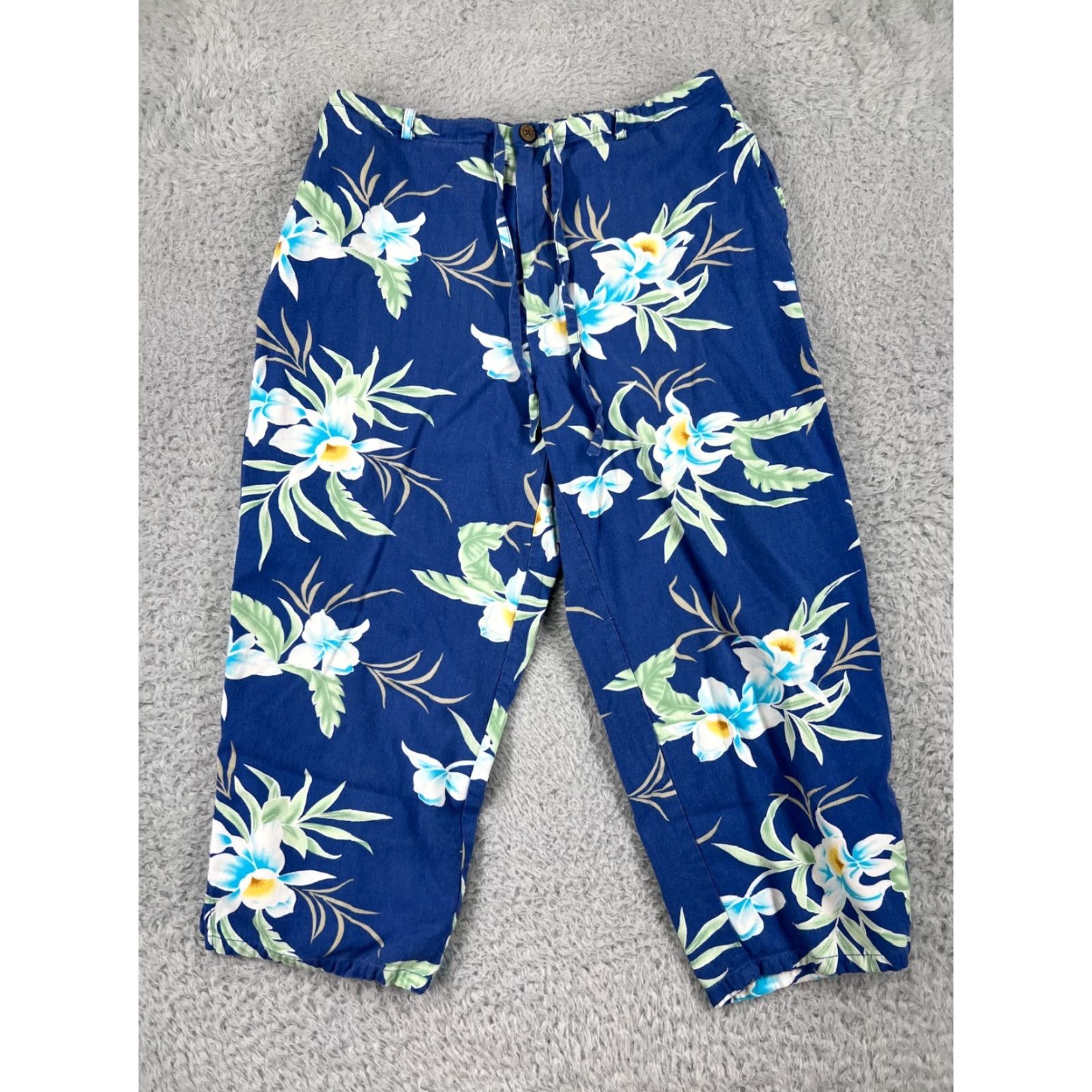Vintage Shaver Lake Pants Womens Large Blue Floral 100% Rayon Wood Button Hawaiian Size 36" / US 14 / IT 50 - 2 Thumbnail