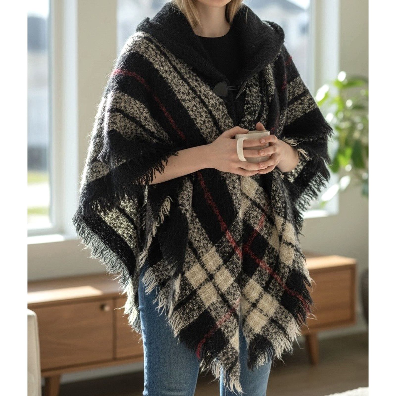 St. Johns Bay St John's Bay Shawl Wrap Wo's Plaid Fringe Poncho Scarf Size ONE SIZE - 1 Thumbnail