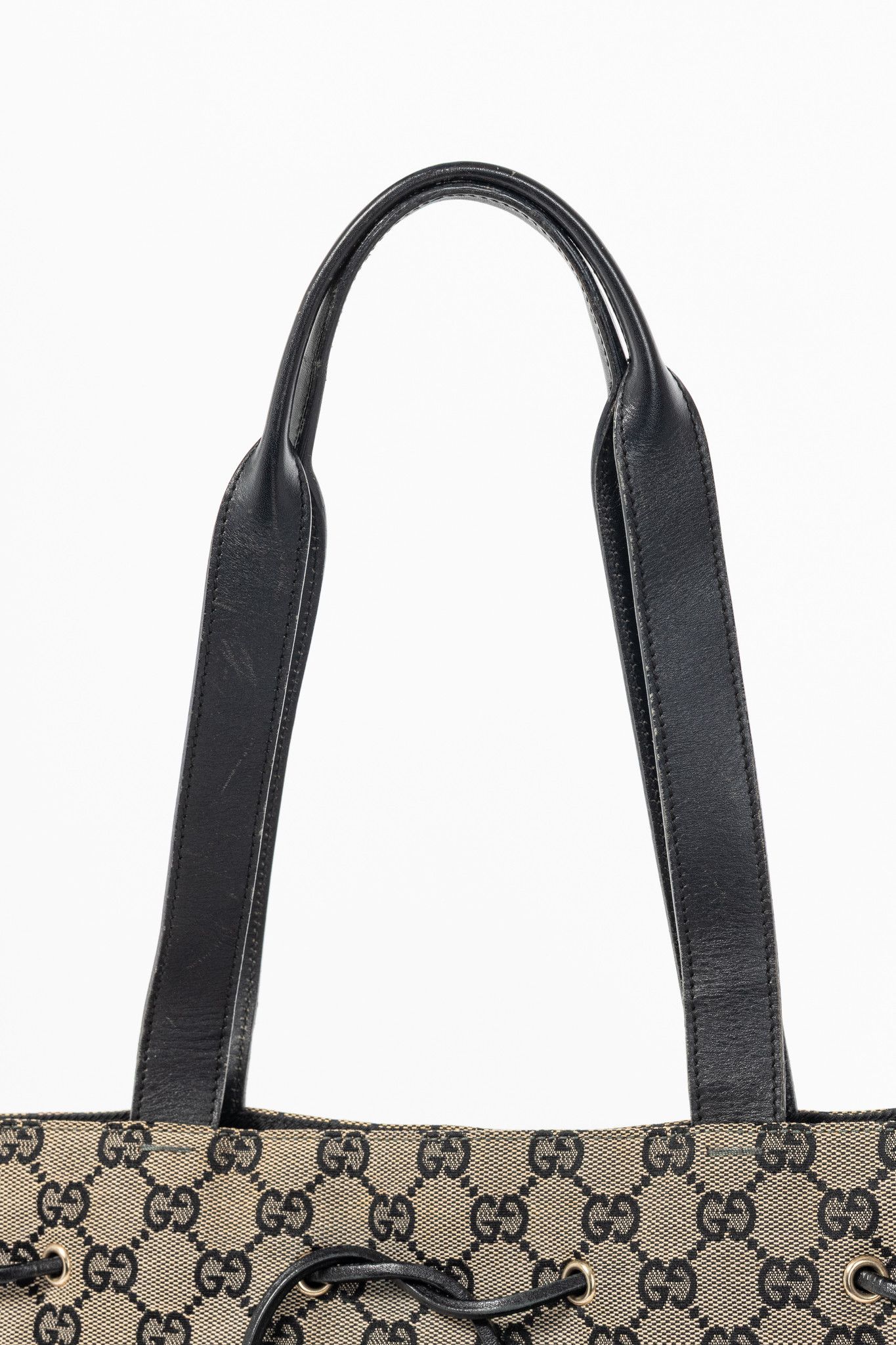 Gucci Gucci Khaki GG Canvas Black-Leather Drawstring Tote Size ONE SIZE - 6 Thumbnail