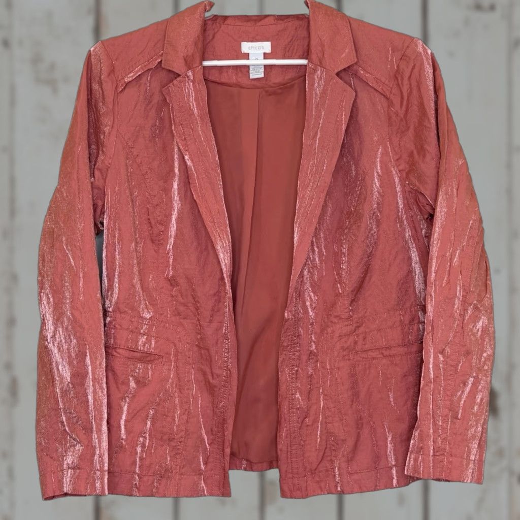 Vintage Chico’s Blazer Jacket Women’s 2 Metallic Orange Crinkle Long Sleeve Open Front Collared Pockets Short Length Business Casual Travel Size XS / US 0-2 / IT 36-38 - 1 Thumbnail