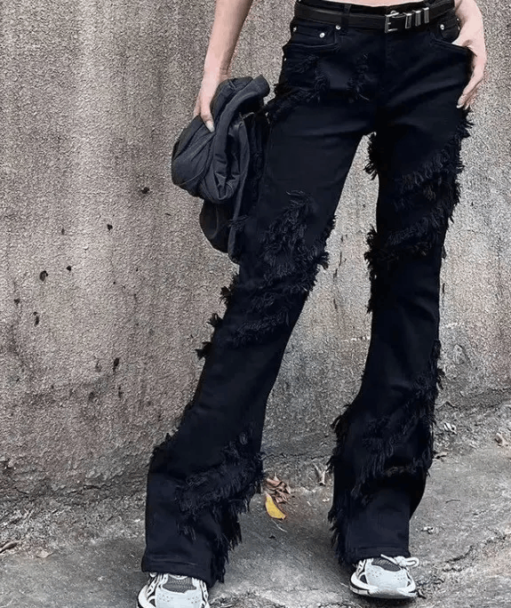 Japanese Brand High Street Ripped Tassel Frayed Black Flare Jeans Pant Size US 32 / EU 48 - 6 Thumbnail