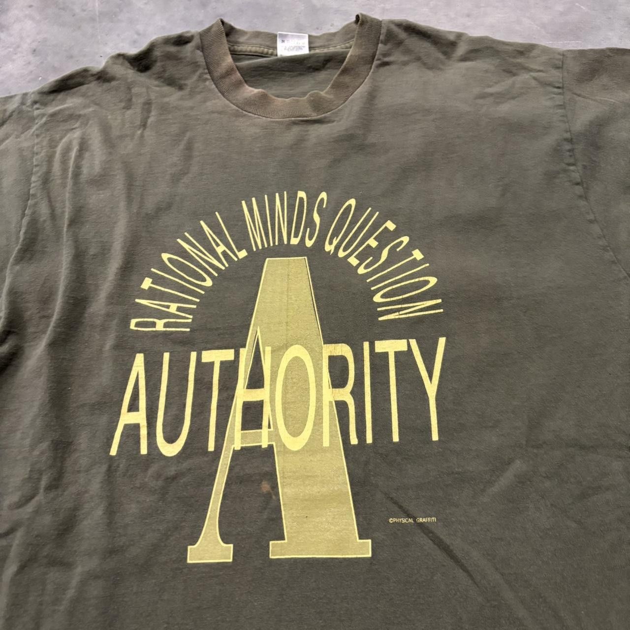 Japanese Brand × Vintage Crazy Vintage 90s Faded Khaki Green Authority Single Stitch Graphic Tee! Size US XL / EU 56 / 4 - 2 Thumbnail