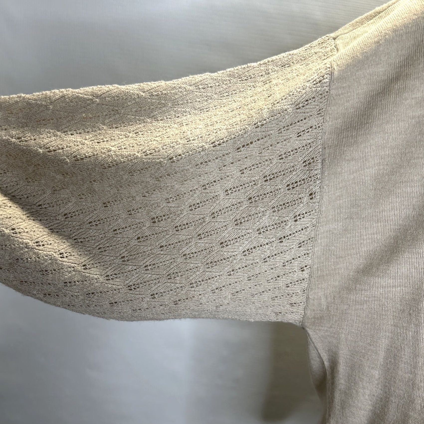 Vintage Garnet Hill Sweater Women’s Small Tan Pointelle Knit Dolman Half Sleeve Relaxed Fit Crew Neck Size S / US 4 / IT 40 - 3 Thumbnail