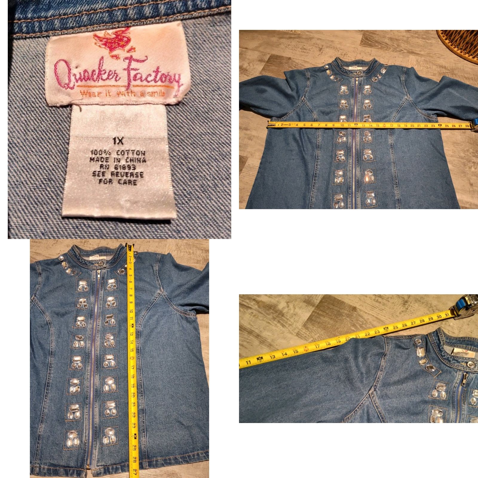 Quacker Factory VINTAGE Quacker Factory Denim Jacket Womens 1X Embellished Rhinestones Casual Bohemian Art Cotton Blue Size XL / US 12-14 / IT 48-50 - 8 Thumbnail
