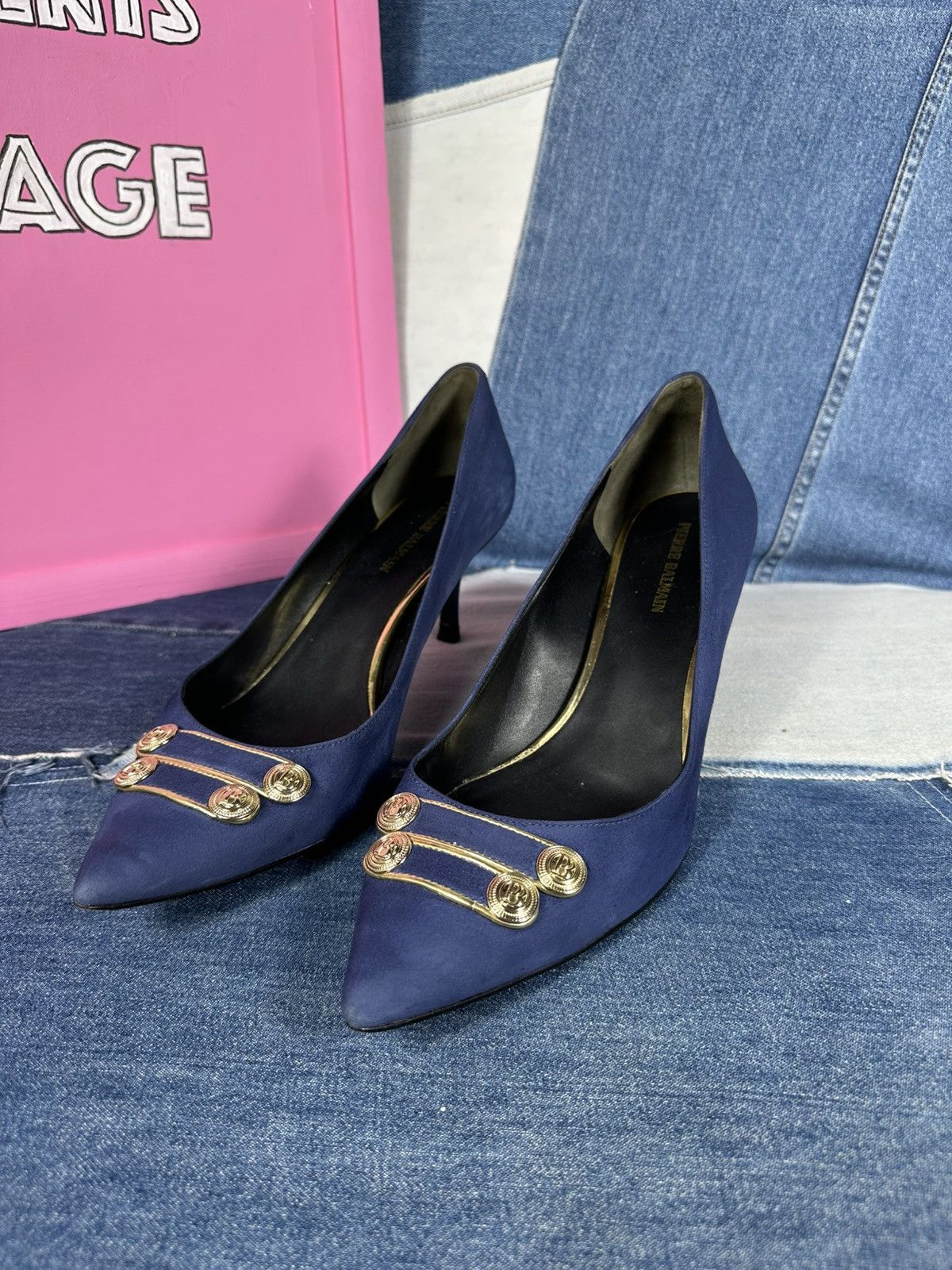 Pierre Balmain Pierre Balmain Heels Suede Blue Shoes Gold Hardware Pins Size US 11 / IT 41 - 4 Thumbnail