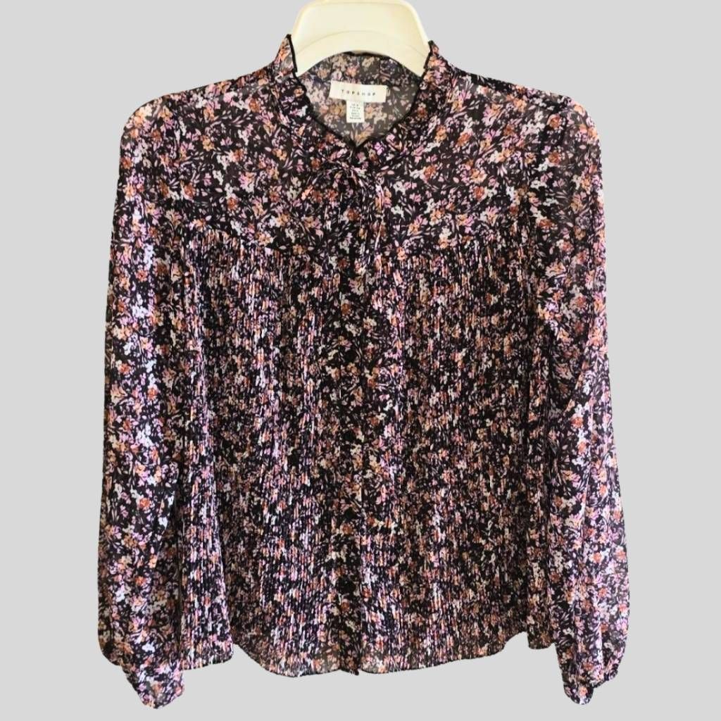 Topshop TOPSHOP Women’s Floral Sheer Blouse Boho Pleated Button-Up L Size XS / US 0-2 / IT 36-38 - 1 Thumbnail