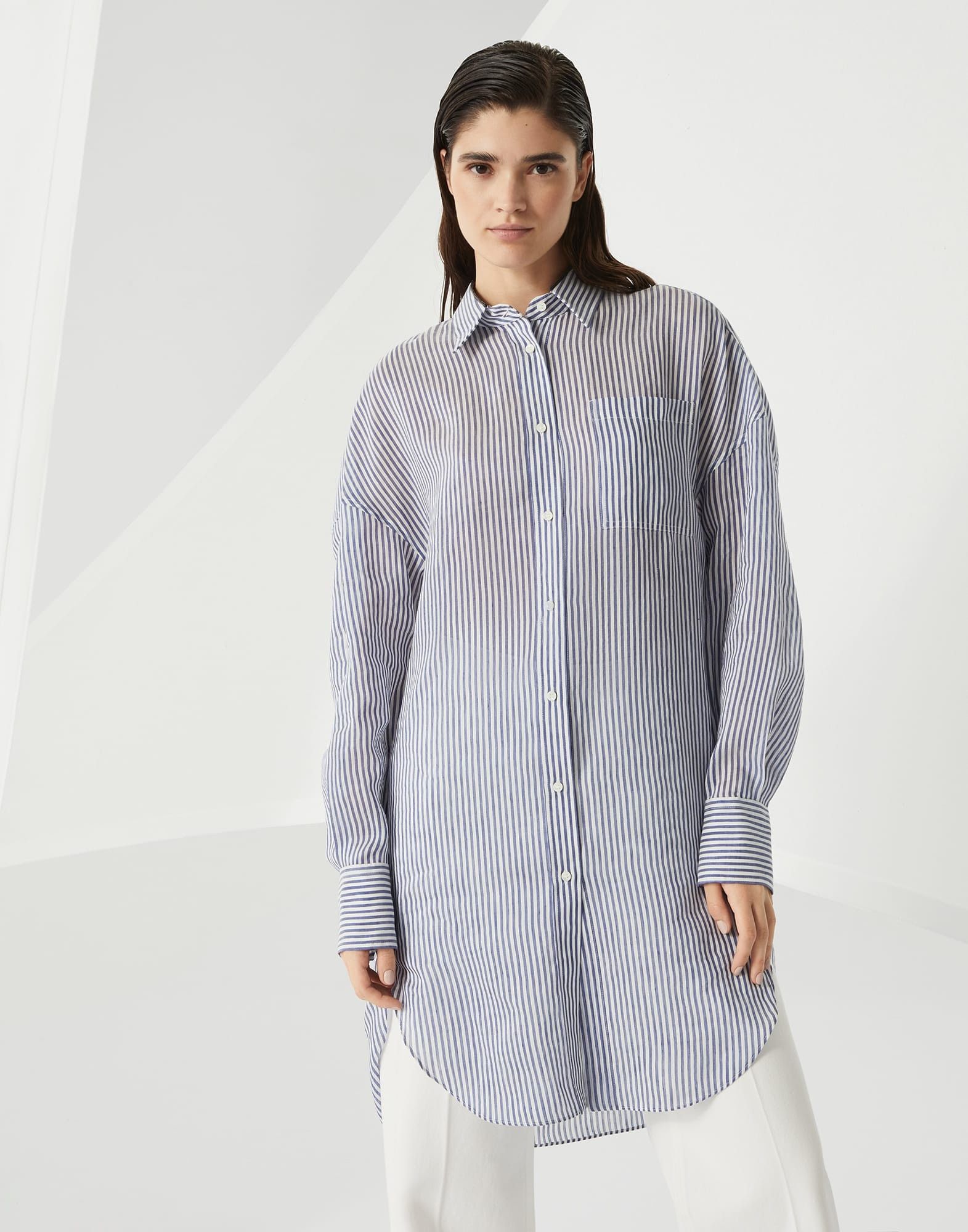 Brunello Cucinelli o1la1rc1a0326 Striped Linen And Silk Organza Long Shirt Size S / US 4 / IT 40 - 1 Thumbnail