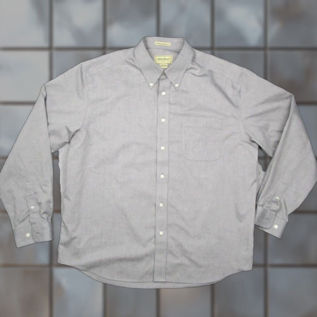 Eddie Bauer VINTAGE Eddie Bauer Dress Shirt Mens Large Gray Cotton Twill Button-Down Long Sleeve Business Casual Formal Retro Made in Hong Kong Size 42R - 1 Thumbnail