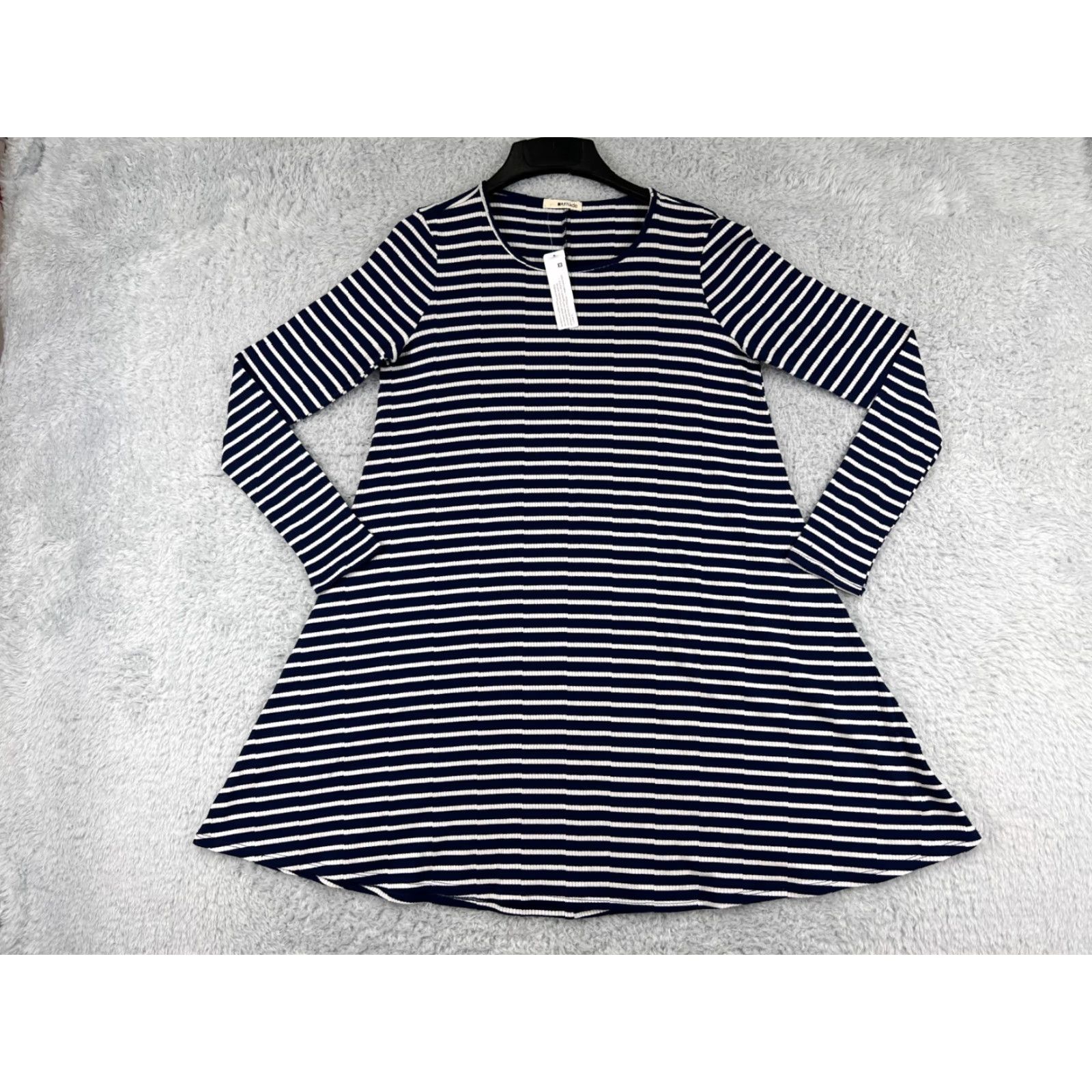 Vintage LA made Dress Women's Small/Medium Blue White Striped Long Sleeve Mini Polyester Knit Dress - Vintage? No Size M / US 6-8 / IT 42-44 - 2 Thumbnail