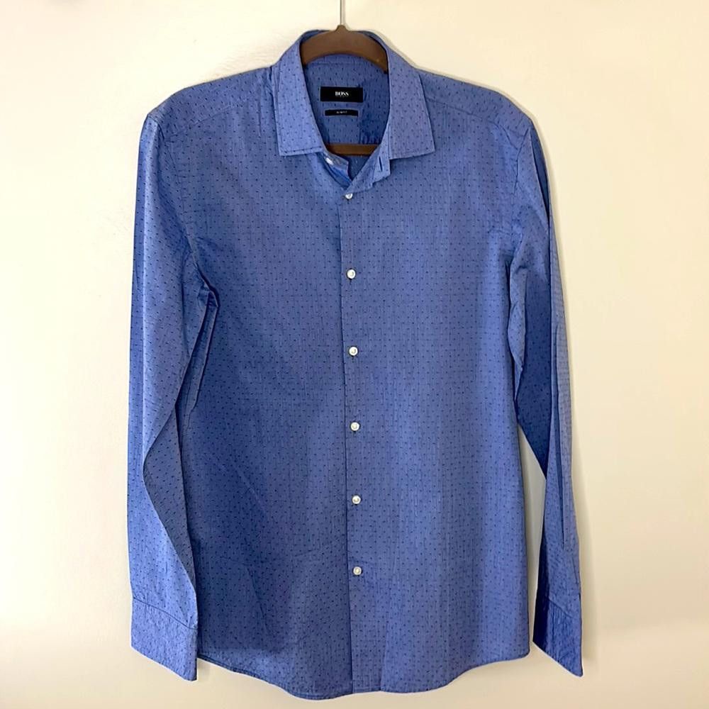 Hugo Boss Slim Fit -BOSS-size 15-Med Blue w/Diamond design-100% Ctn Size 38R - 2 Thumbnail