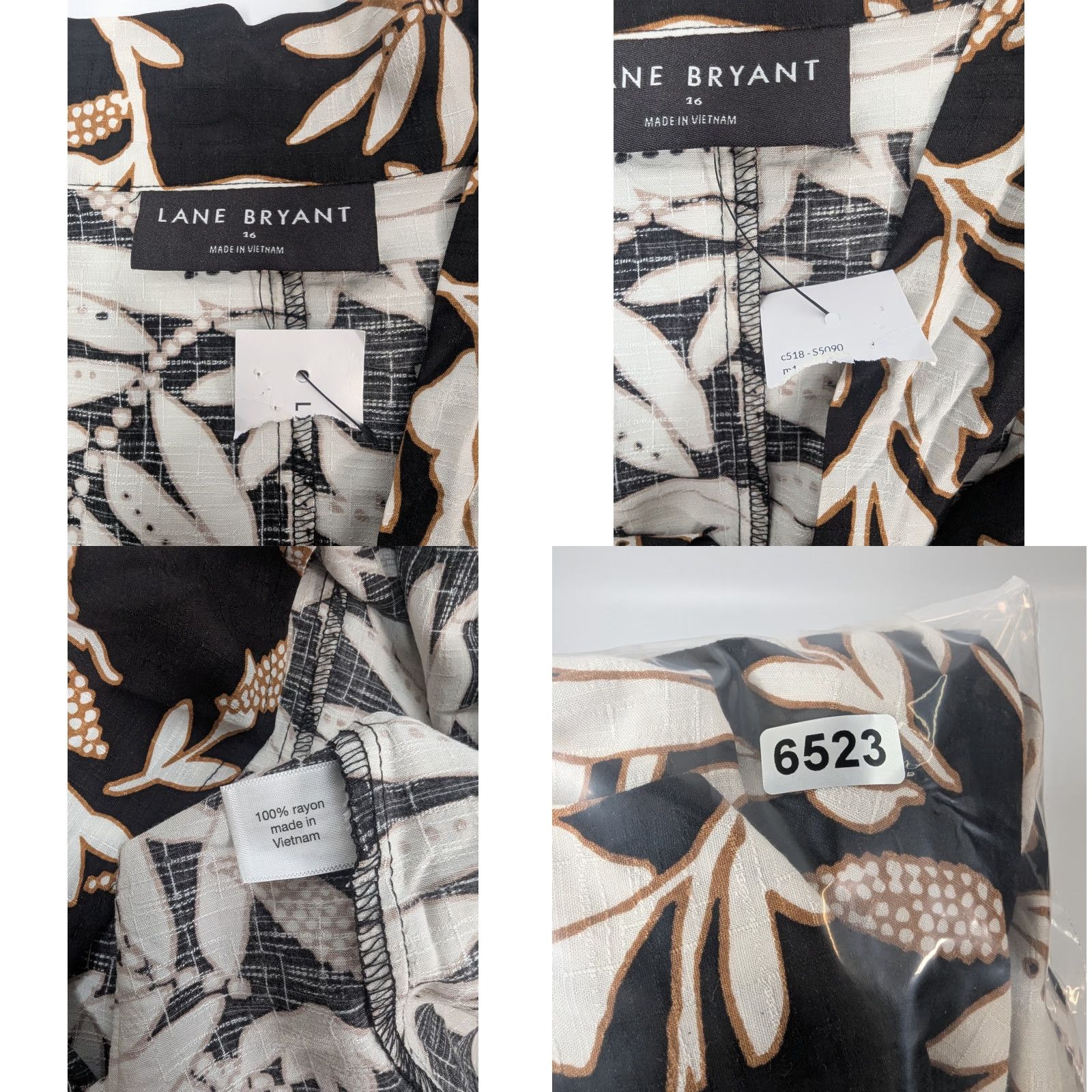 Vintage Lane Bryant Blouse Botanical Cream & Tan Leaves V-neck Tie-Neck Popover Size 16 Size XXL / US 16-18 / IT 52-54 - 8 Thumbnail