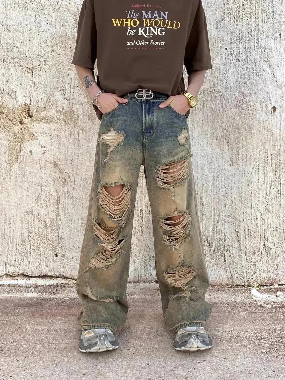 Japanese Brand Retro loose fitting wide leg distressed jeans Size US 32 / EU 48 - 1 Thumbnail