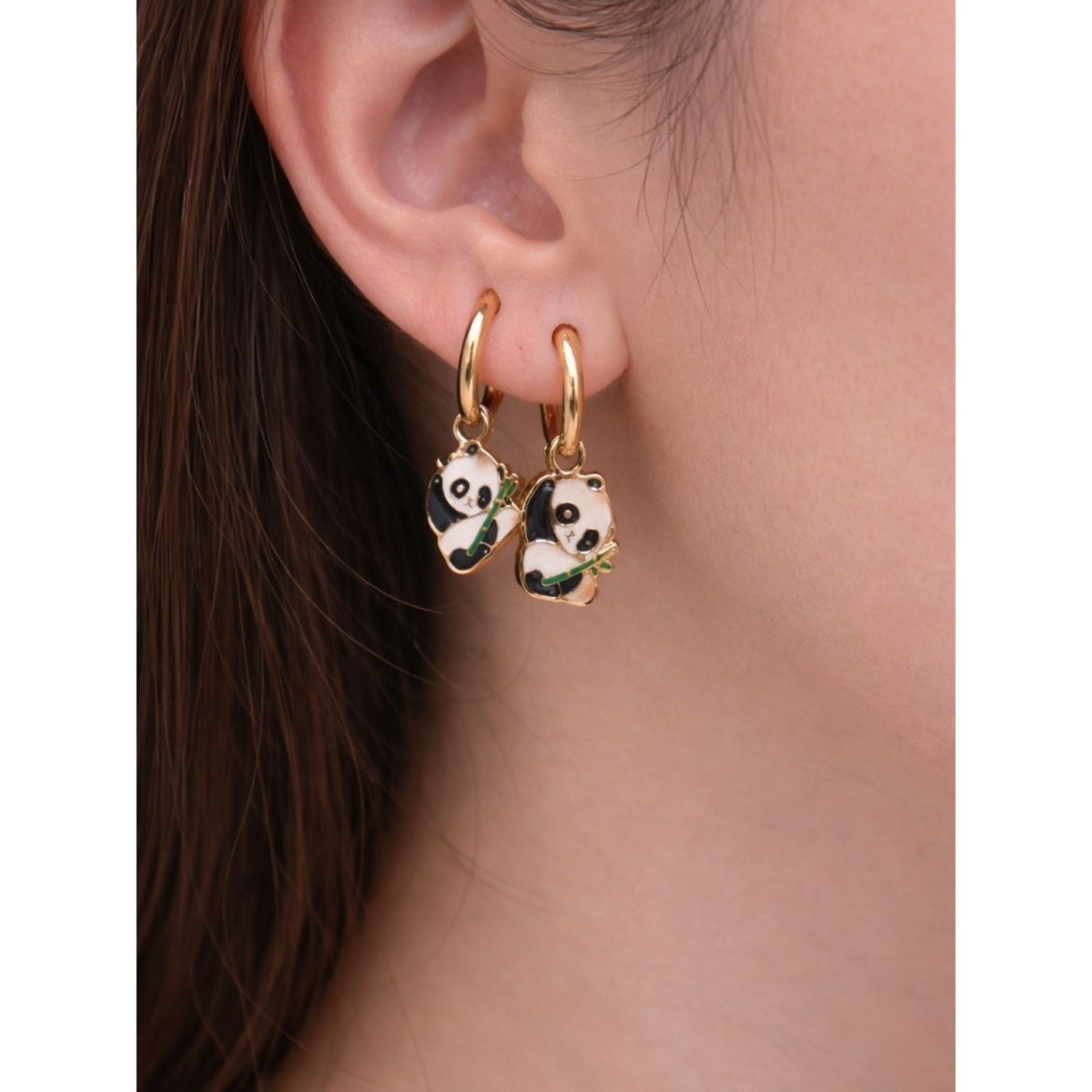 Other Gold Panda Hoop Drop Earrings with Green Bamboo Accent Size ONE SIZE - 1 Thumbnail