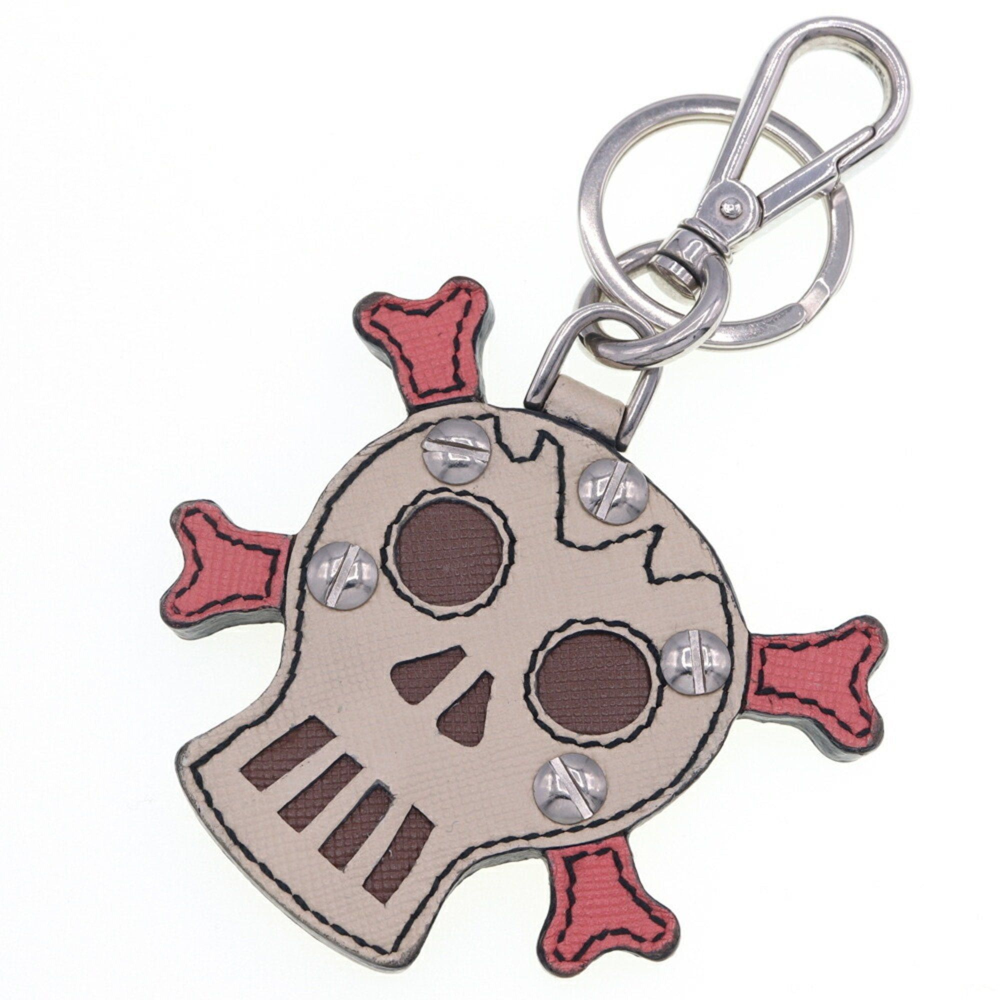 image of Prada Keychain 2Ar243 Beige Pink Leather Keyring Bag Charm Skull Key Ladies in White, Women's