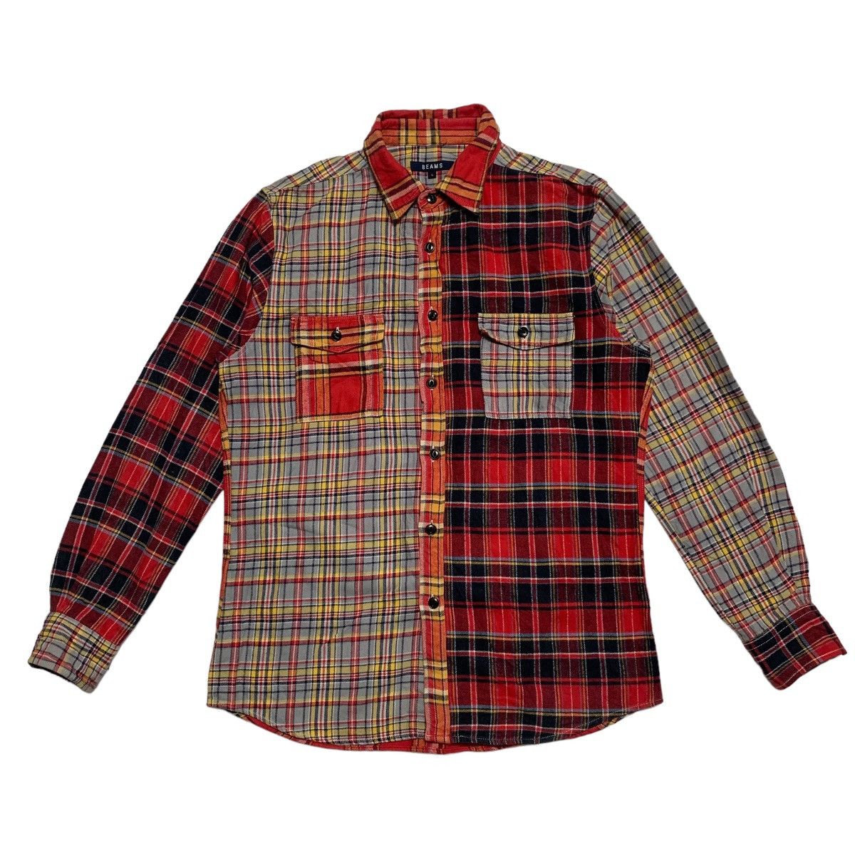 image of Beams Plus Beams Color Block Tartan Shirt in Red, Men's (Size Medium)