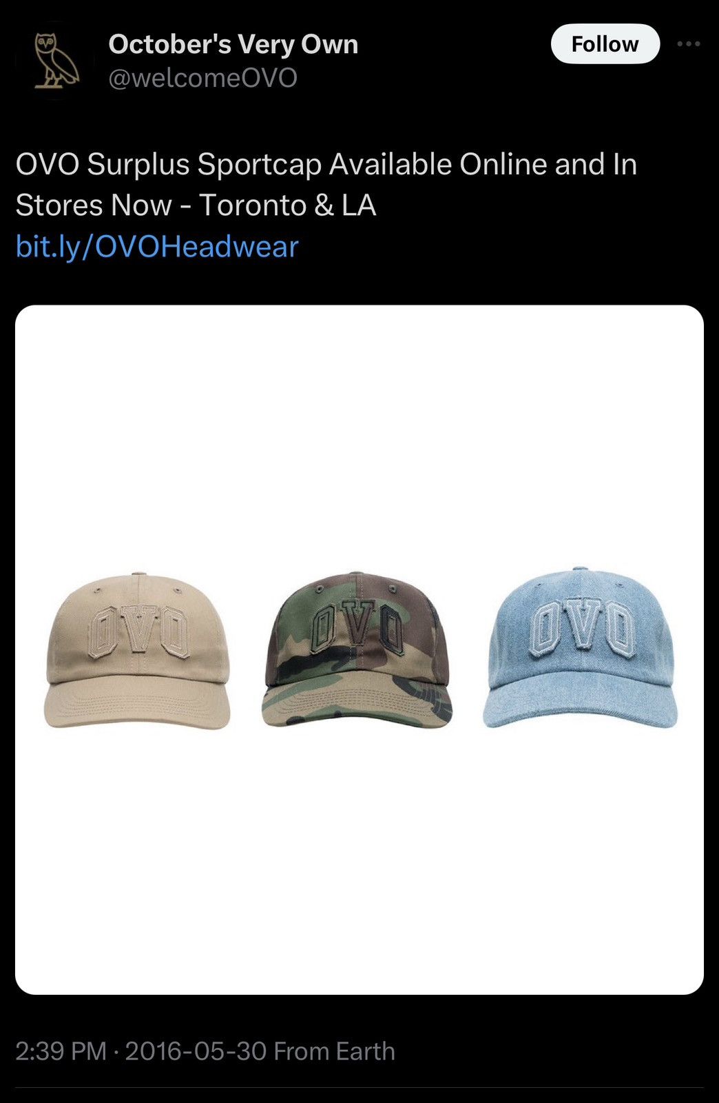 October's Very Own 2016 OVO Arch Surplus Heavy Cotton Hat Size ONE SIZE - 9 Thumbnail