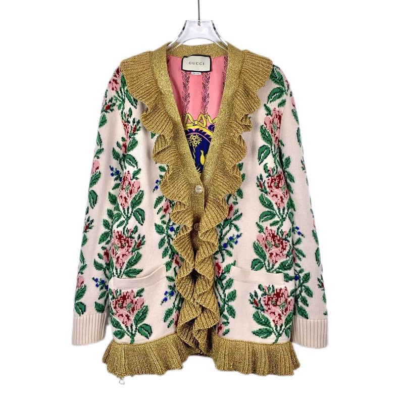 Gucci Gucci Ruffle decorative floral pattern inlaid V-neck wool m Size US XS / EU 42 / 0 - 1 Thumbnail