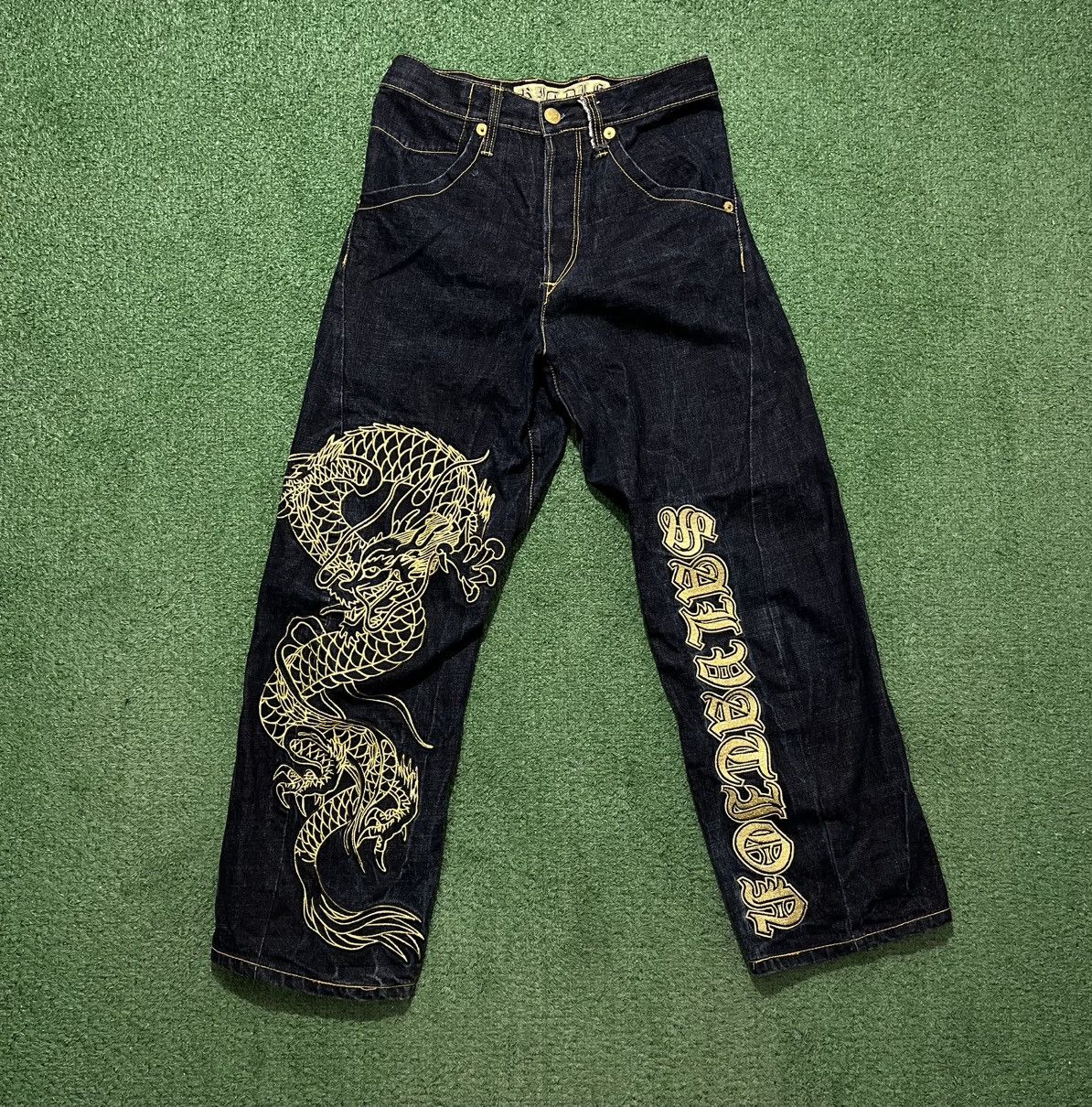Japanese Brand × Vintage Riddle Denim Baggy Jeans Vintage Embroidery Dragon Rap Style Size US 30 / EU 46 - 1 Thumbnail