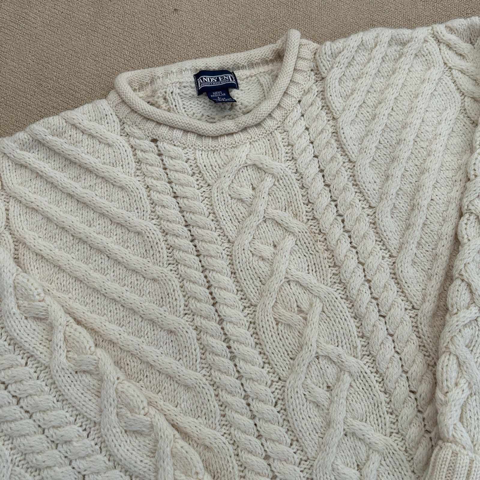 Lands' End × Vintage 90s Lands End England Pure Wool Cableknit Fisherman Sweater Size US L / EU 52-54 / 3 - 2 Thumbnail