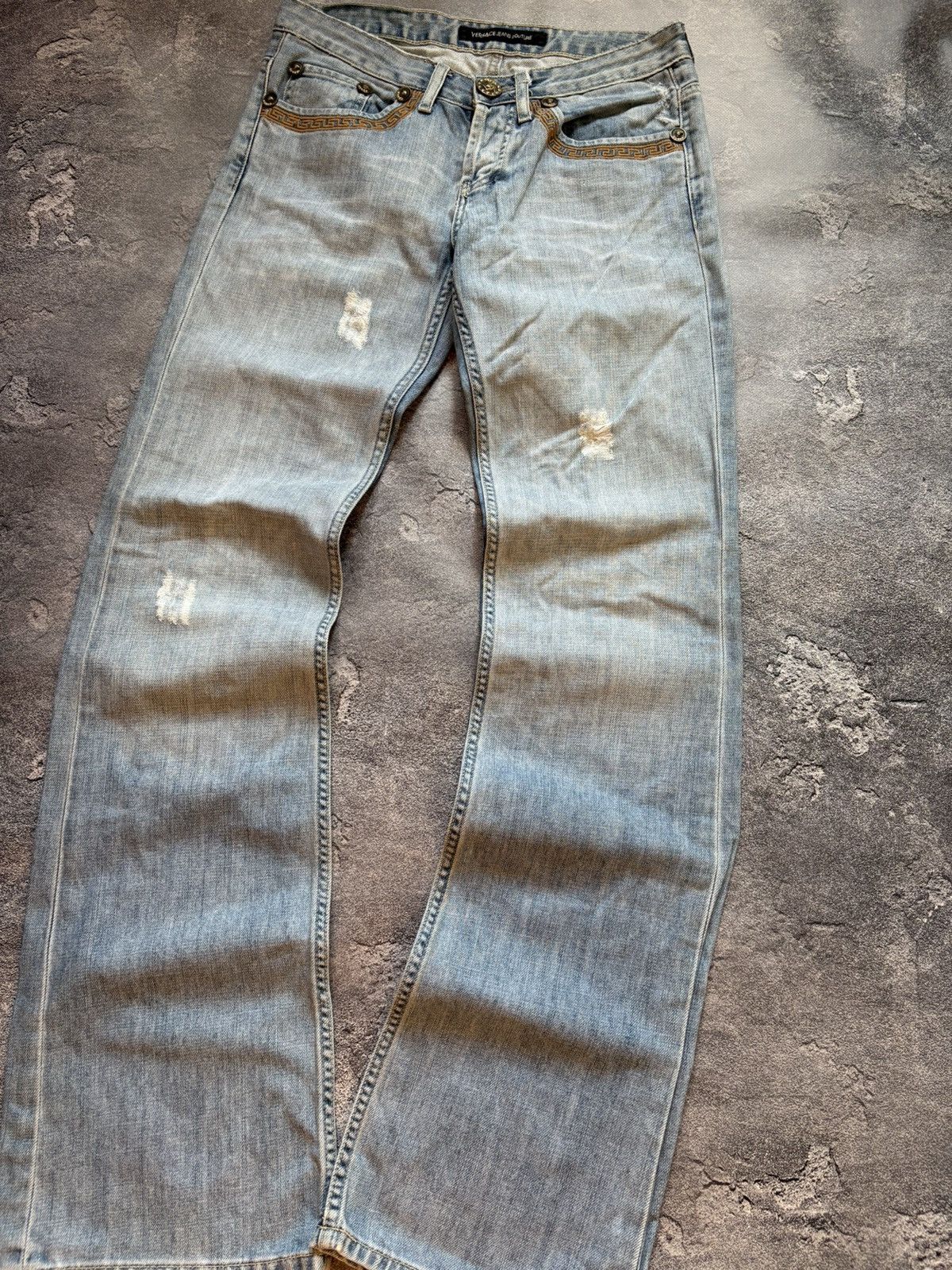 Versace Jeans Couture Vtg Versace Y2K Medusa Logo Distressed Bootcut Flared Jeans Size 29" - 7 Thumbnail