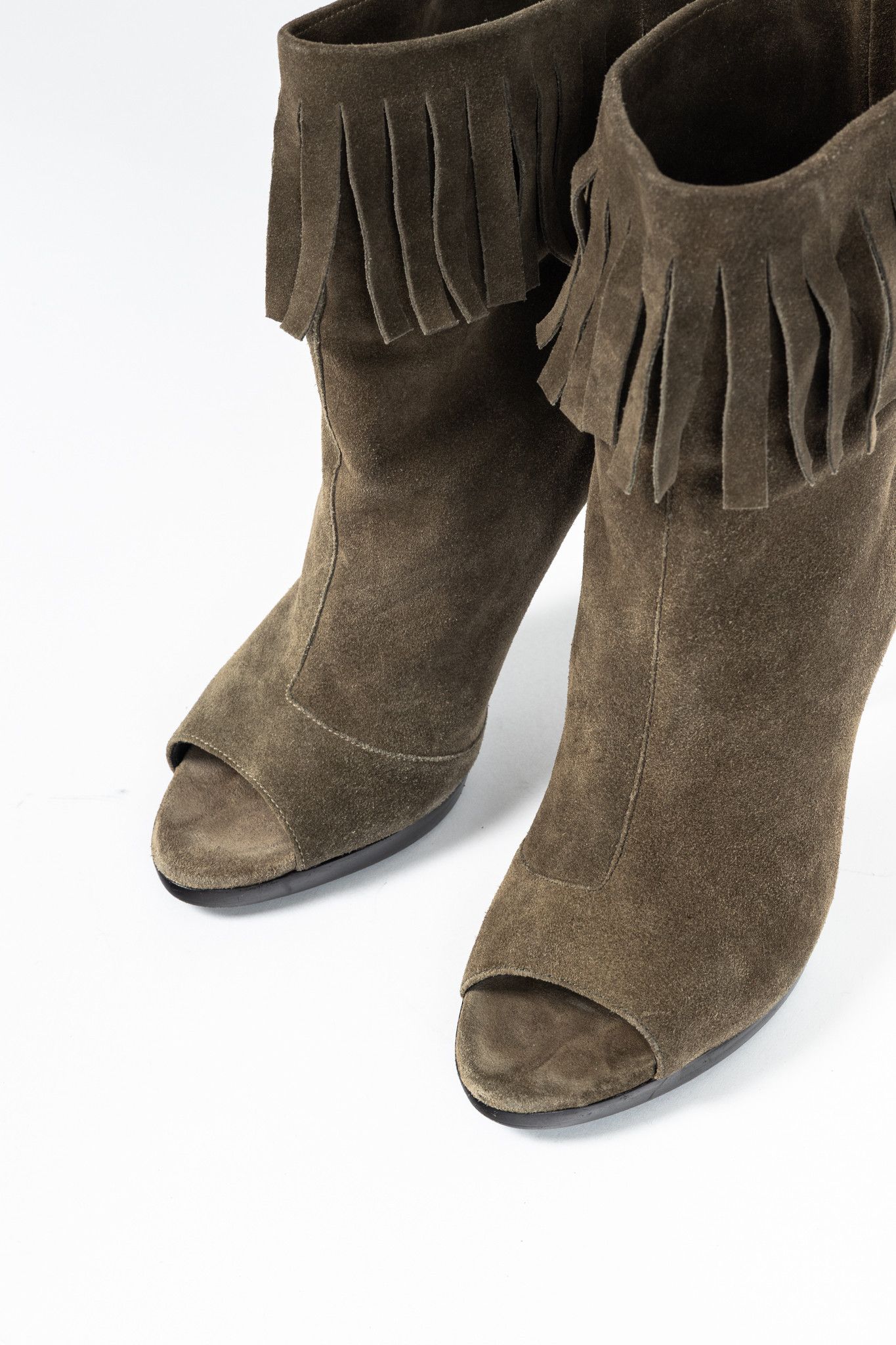Burberry Burberry Pelling Khaki Suede Fringe Peep-Toe Booties Size US 8.5 / IT 38.5 - 6 Thumbnail
