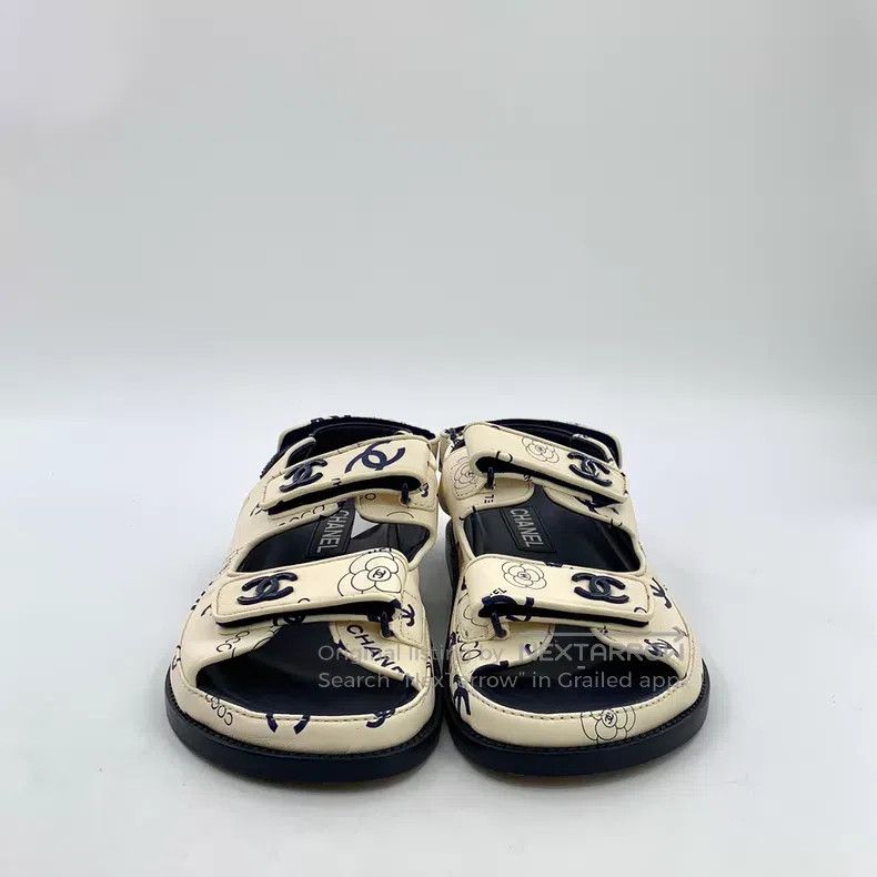 Chanel Chanel Beige camellia double C print casual Velcro flat sa Size US 7 / IT 37 - 3 Thumbnail