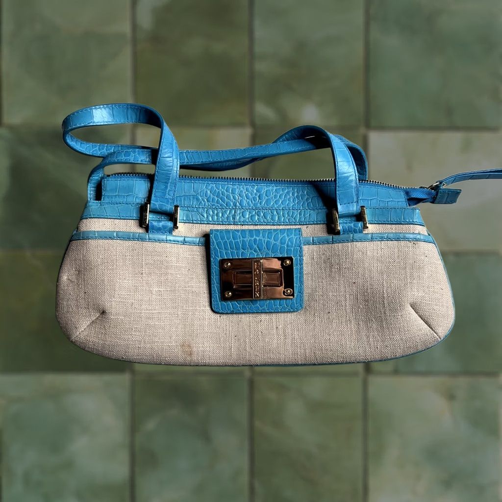 Ralph Lauren VINTAGE Lauren Ralph Lauren Shoulder Bag Womens Small Blue Canvas Croc Faux Leather Zip Size ONE SIZE - 1 Thumbnail