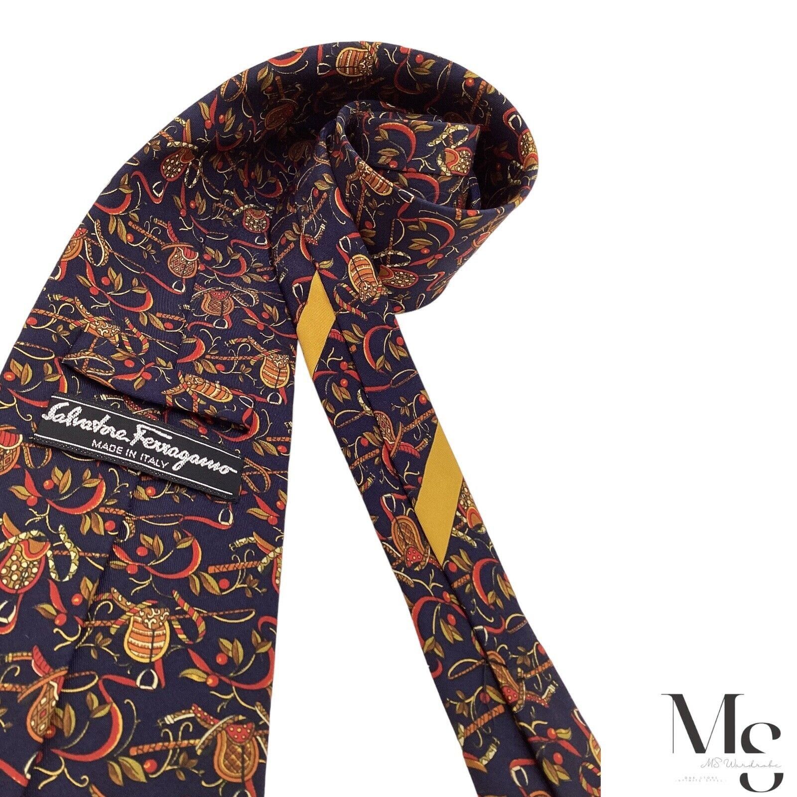 Salvatore Ferragamo Salvatore Ferragamo Navy Blue Saddle & fruit Silk Tie Italy Size ONE SIZE - 3 Thumbnail
