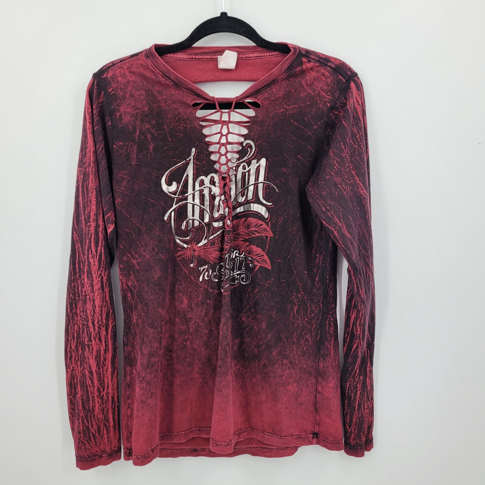Affliction Vtg Affliction Distressed Oxblood Long Sleeve Shirt L Thrash Size L / US 10 / IT 46 - 1 Thumbnail