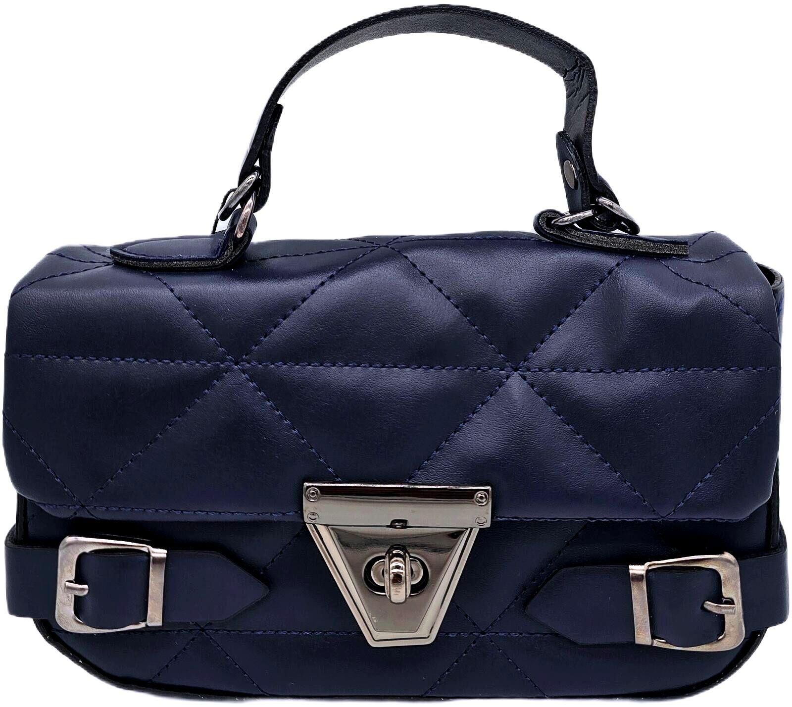 Unknown London Quilted Navy Blue Handbag with Silver Hardware and Detailing Size ONE SIZE - 1 Thumbnail