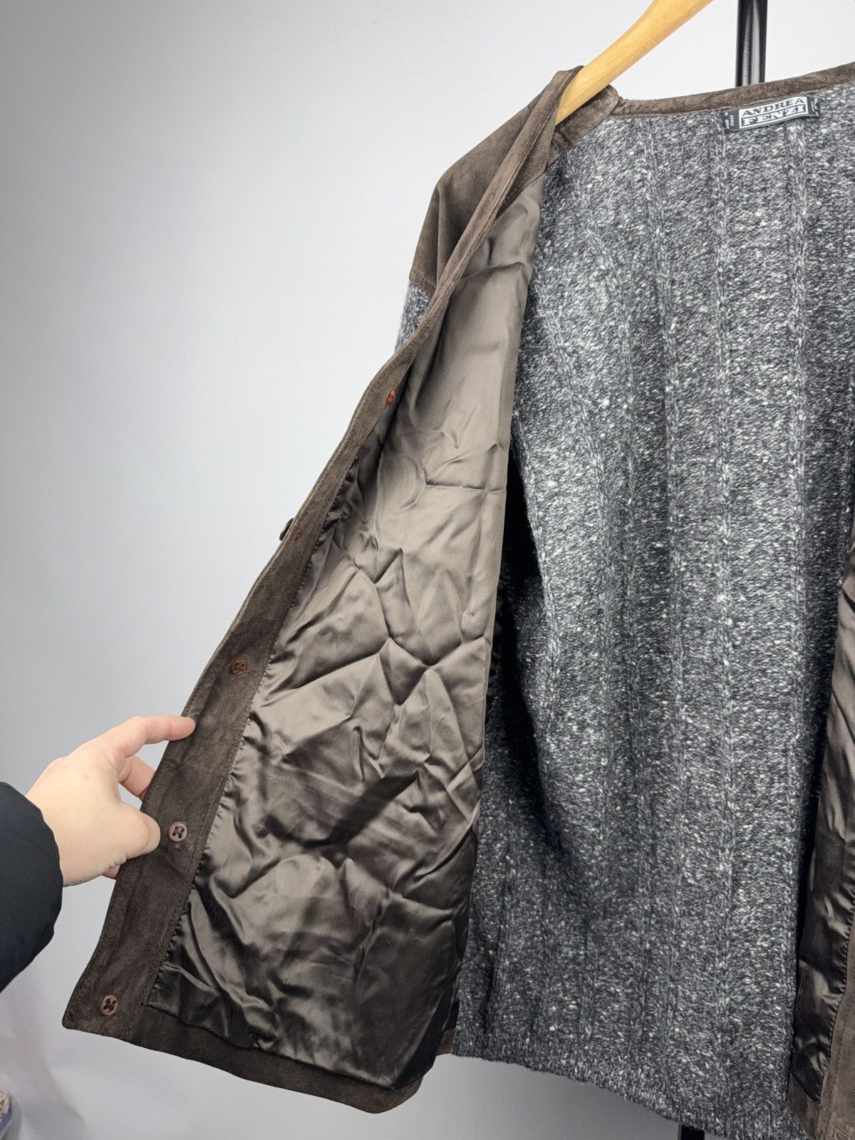 Japanese Brand Luxury 00s Andrea Fenzi Wool Suede Panel Cardigan Italy Size US XL / EU 56 / 4 - 12 Thumbnail